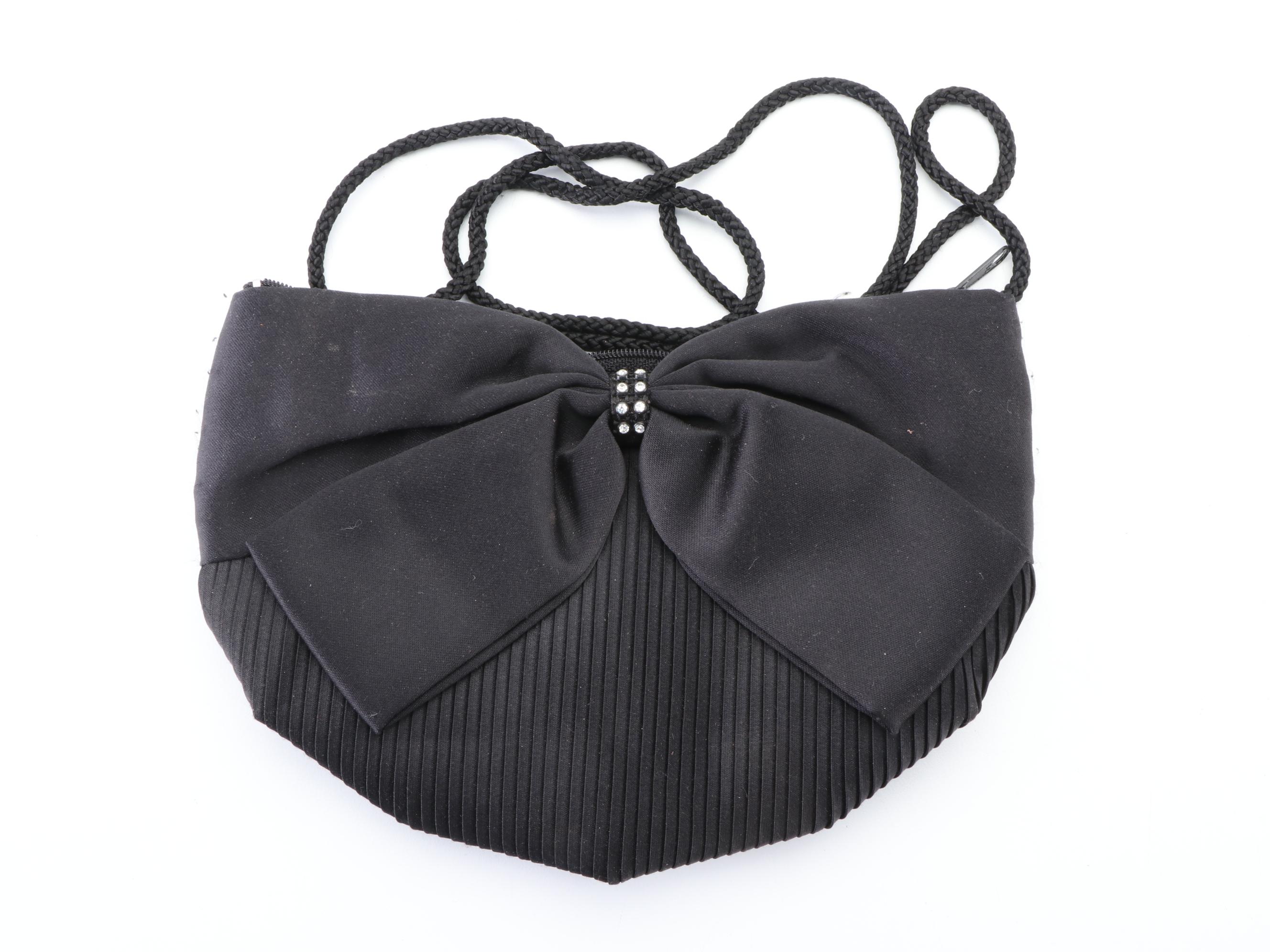 Purple Leather and Black Fabric Crossbodies, Black Satin Clutch, Kisslock Pouch