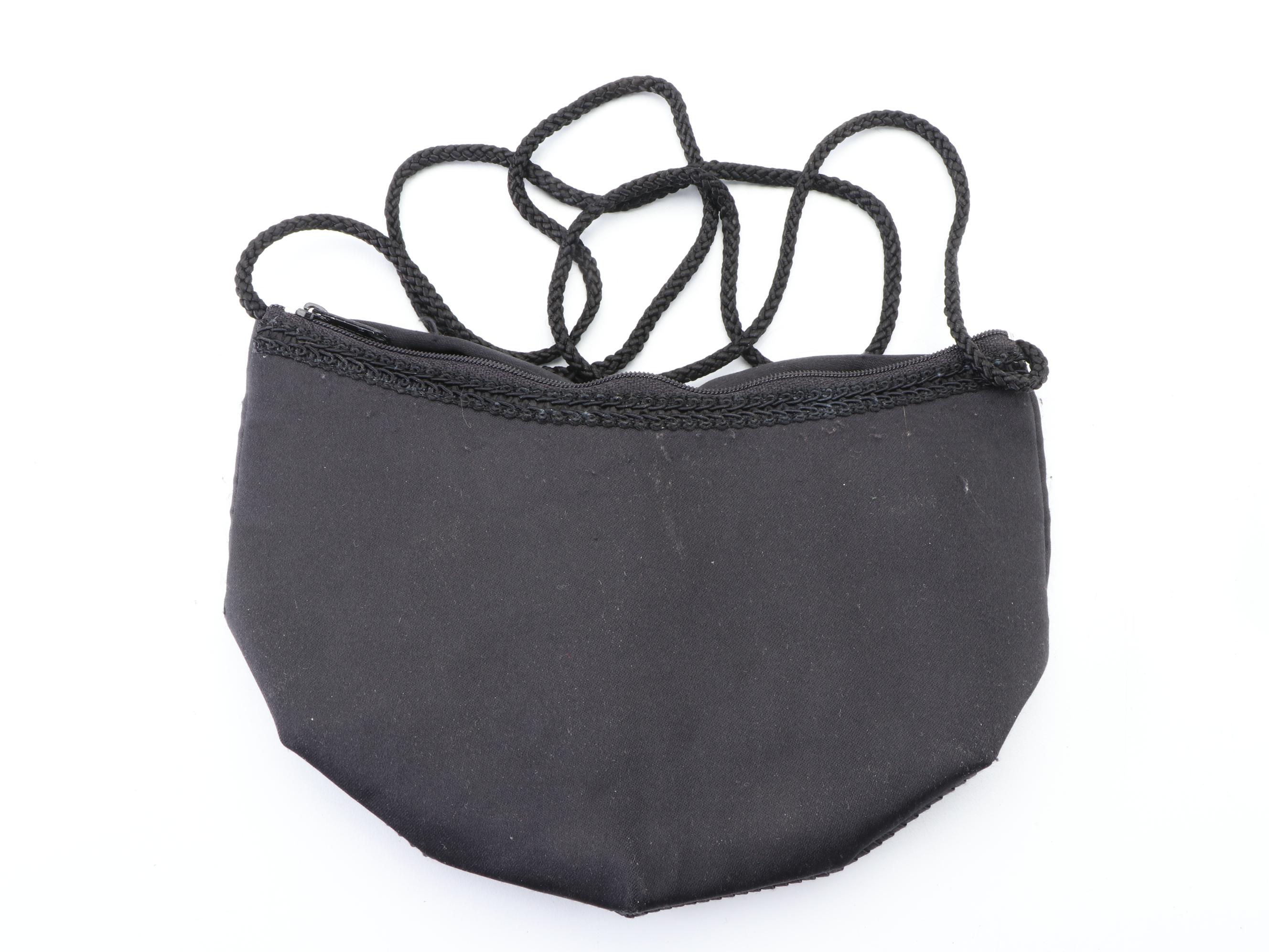 Purple Leather and Black Fabric Crossbodies, Black Satin Clutch, Kisslock Pouch