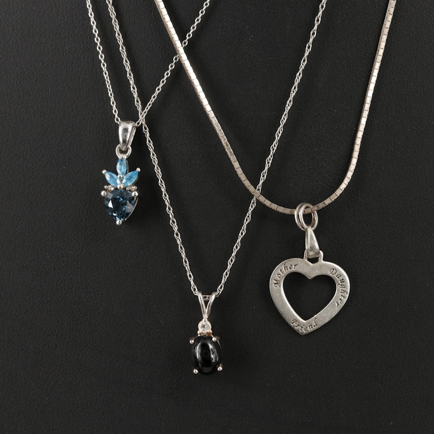 Sterling Necklaces Including Topaz, Black Onyx and Mother Daughter Friend Heart