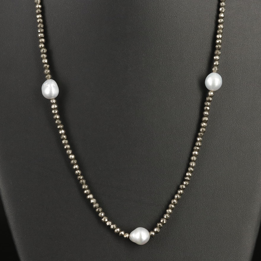 11.50 mm Pearl and Marcasite Station Necklace with 14K Clasp