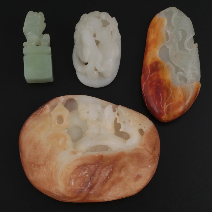 Chinese Nephrite Carvings with Carved Serpentine Chop Seal