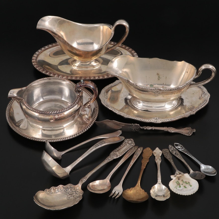 American Silver Plate Gravy Boats with Other Silver Utensils and More