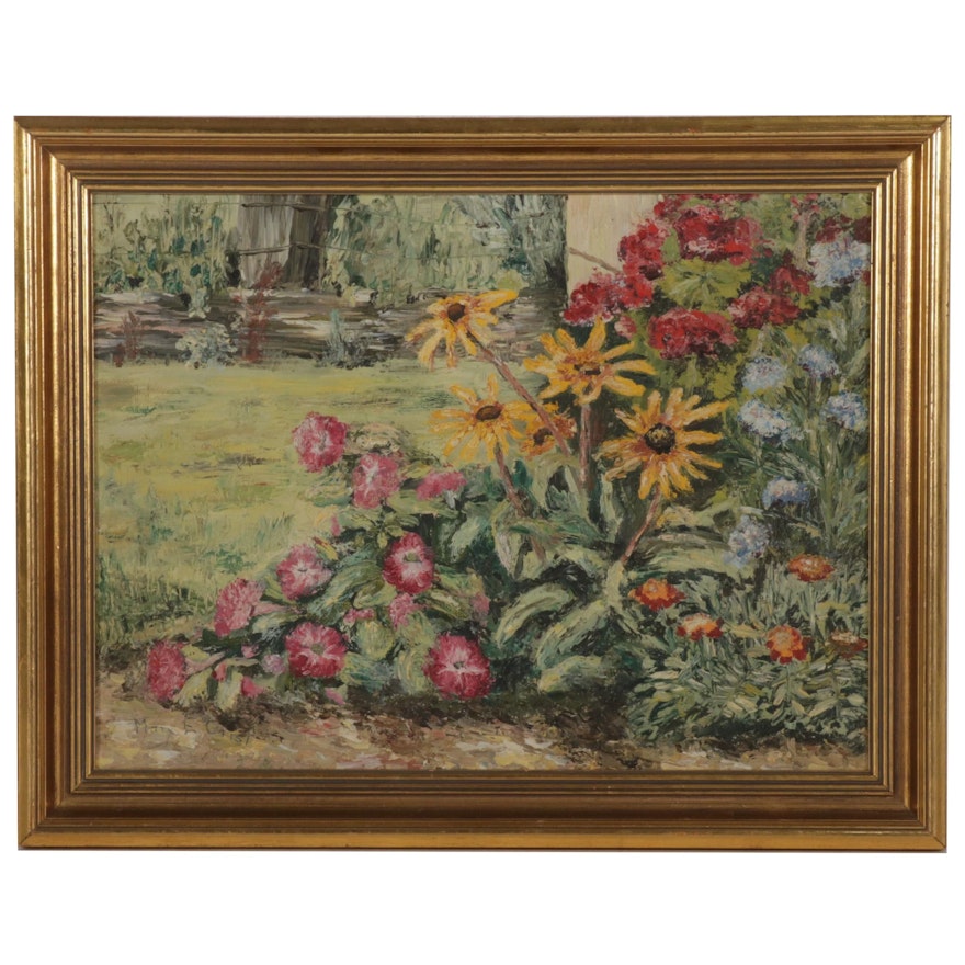 Mary E. Crist Oil Painting of Flower Garden, Mid-Late 20th Century