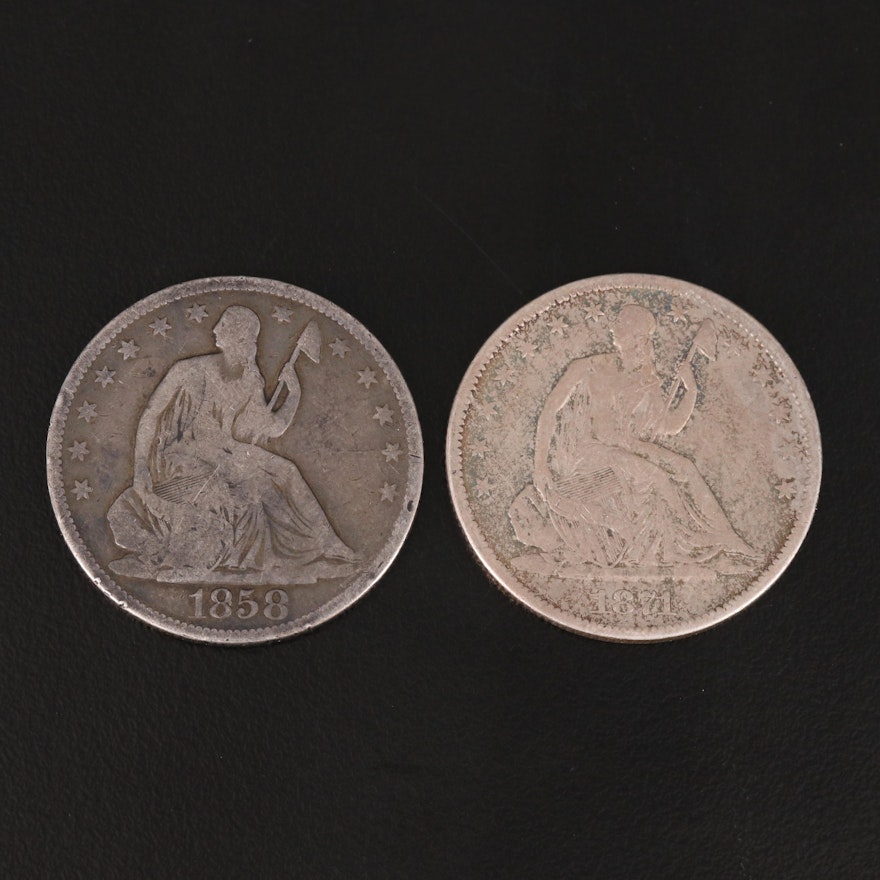 Two Seated Liberty Silver Half Dollars Including 1858-O