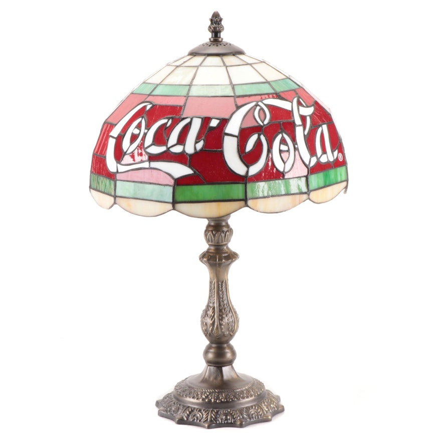 Coca-Cola Slag and Stained Glass Shade Table Lamp