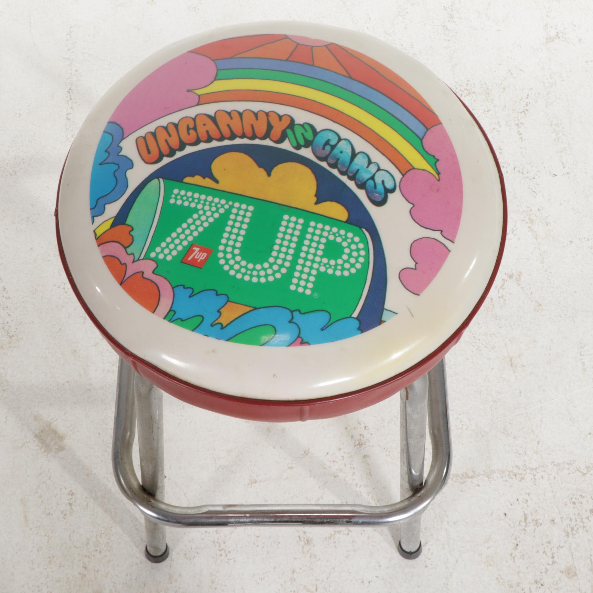 John Alcorn for 7Up Metal Advertising Sign and Chrome Barstool, circa 1970