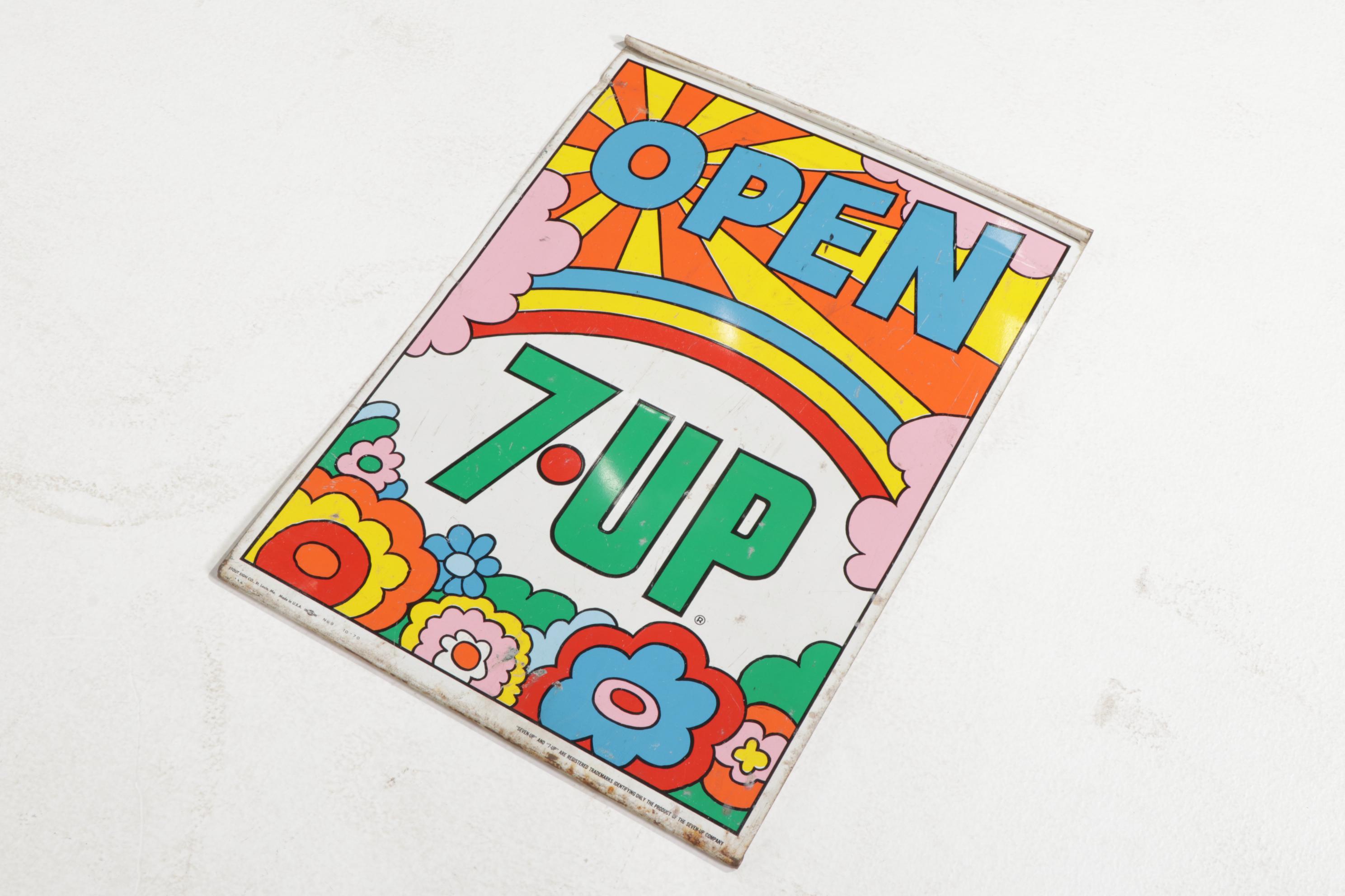 John Alcorn for 7Up Metal Advertising Sign and Chrome Barstool, circa 1970