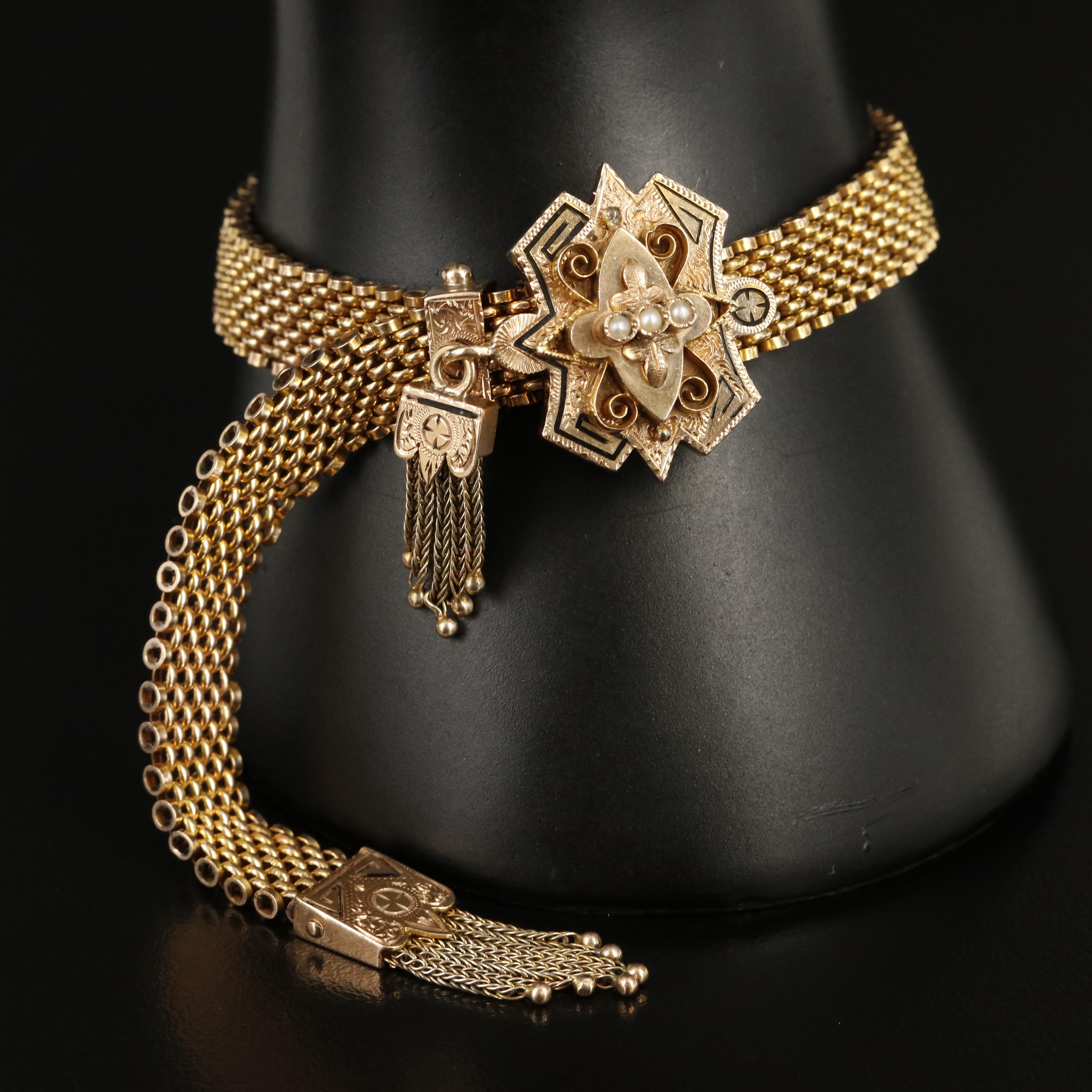 Mid-Victorian 10K Seed Pearl Taille d'Epargné Slide Bracelet