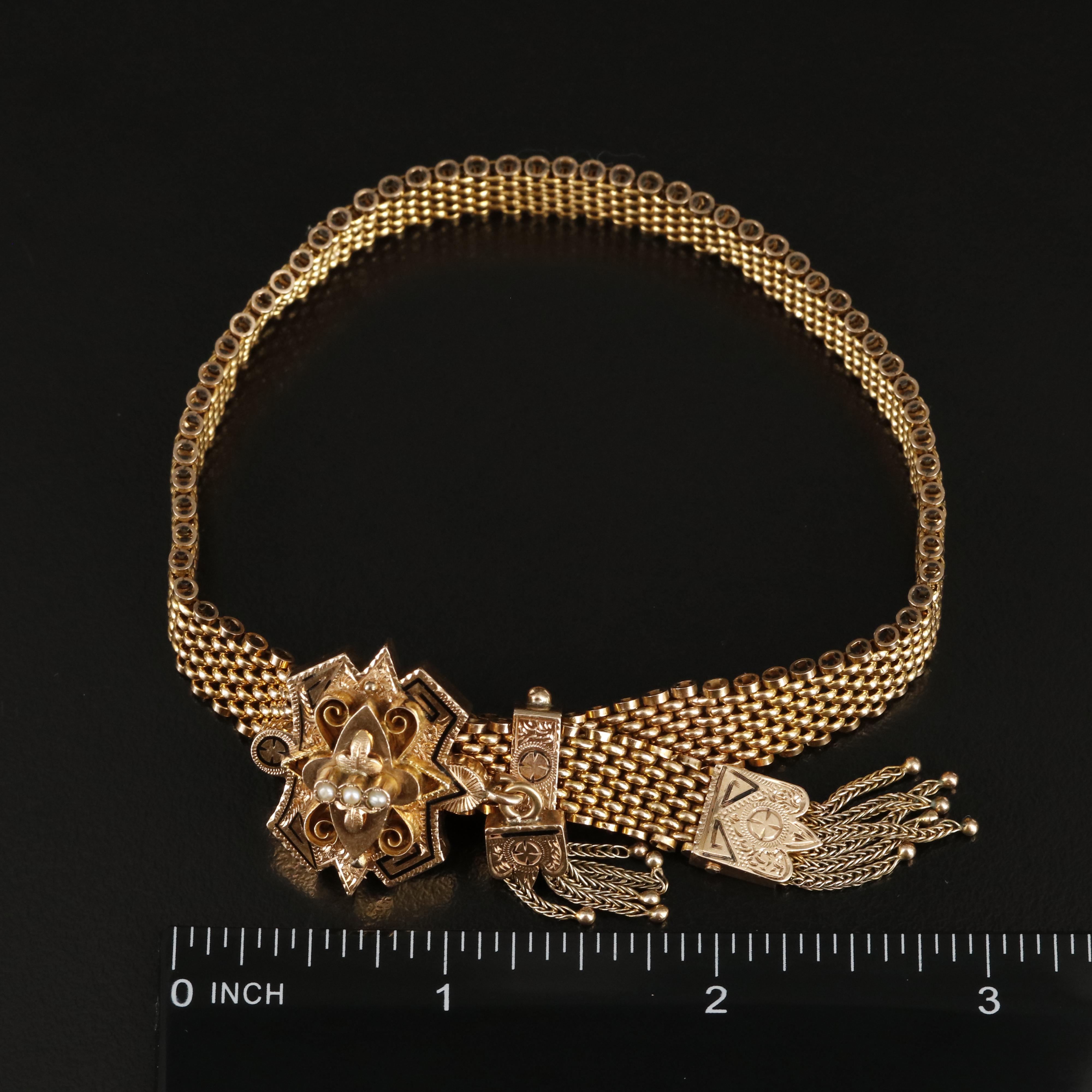 Mid-Victorian 10K Seed Pearl Taille d'Epargné Slide Bracelet