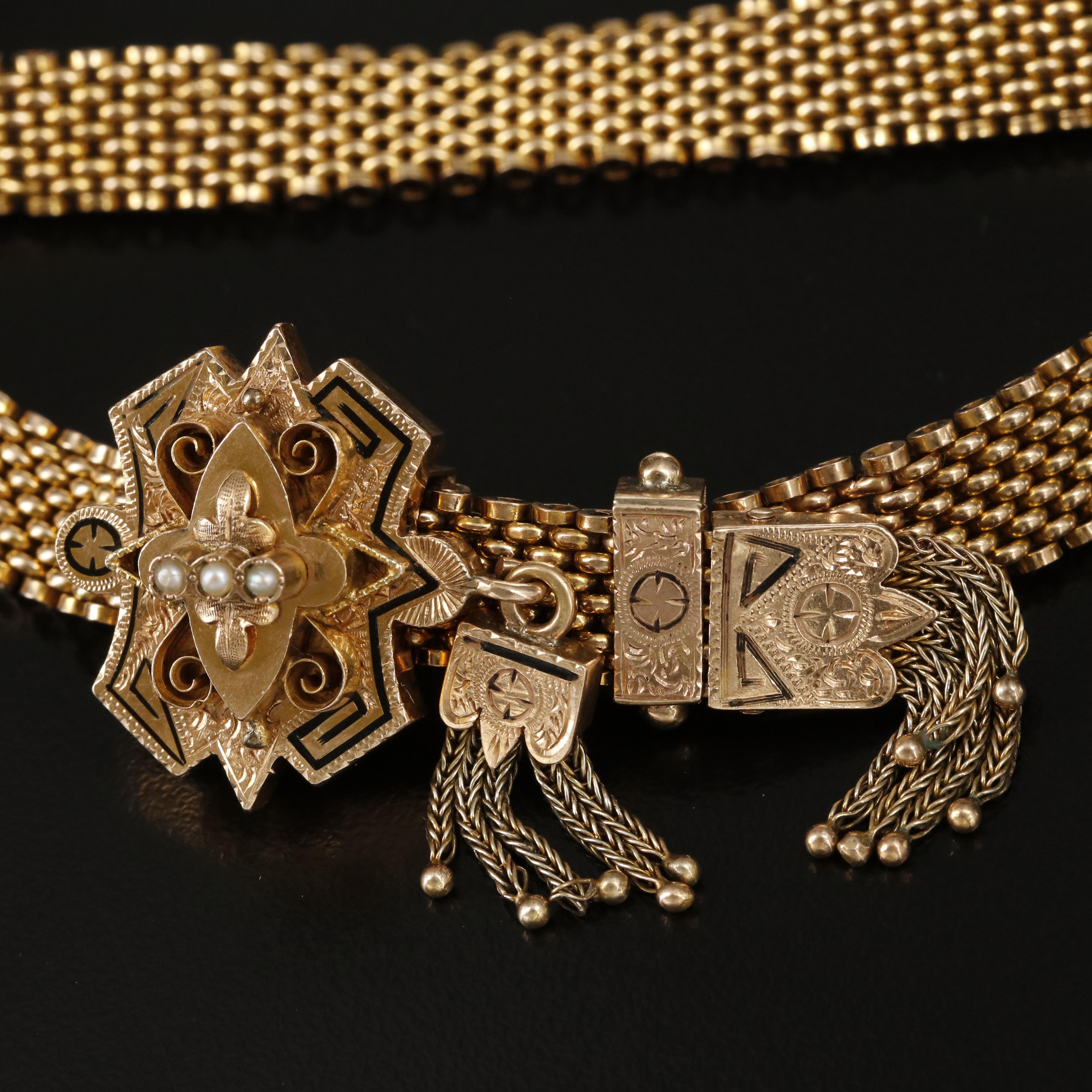 Mid-Victorian 10K Seed Pearl Taille d'Epargné Slide Bracelet