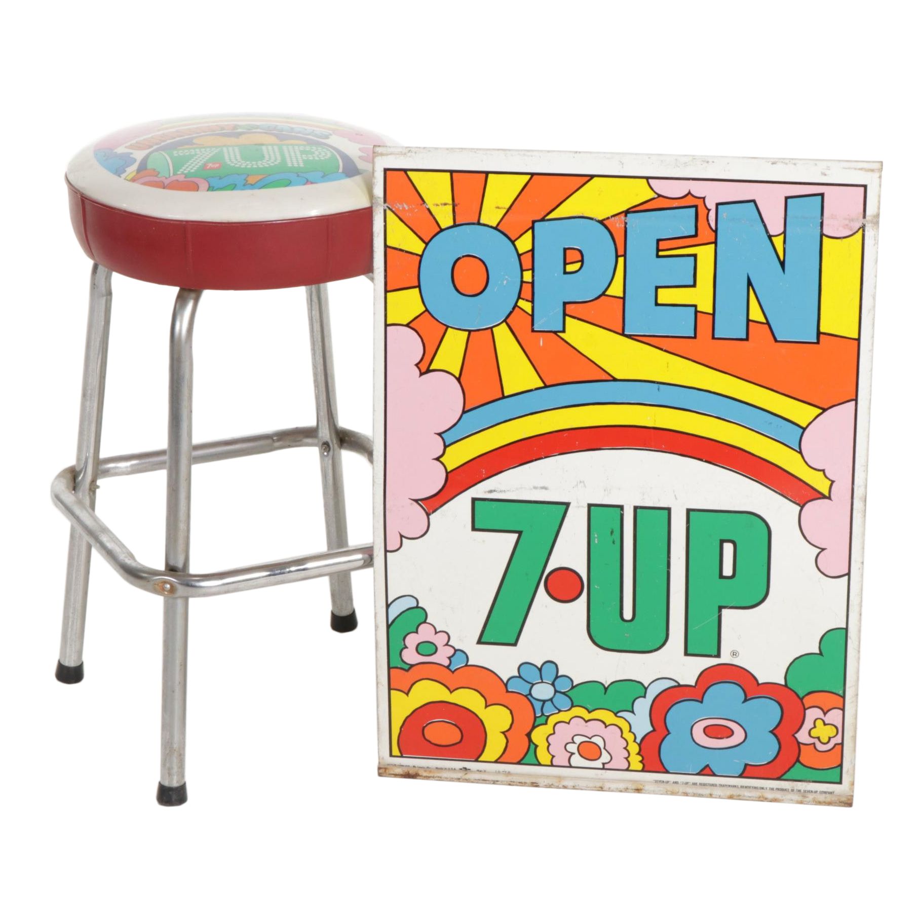 John Alcorn for 7Up Metal Advertising Sign and Chrome Barstool
