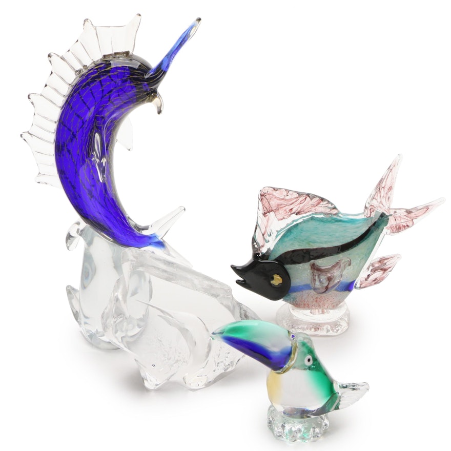 Mats Jonasson Crystal Paperweight with  Murano Style Art Glass Bird Figurines