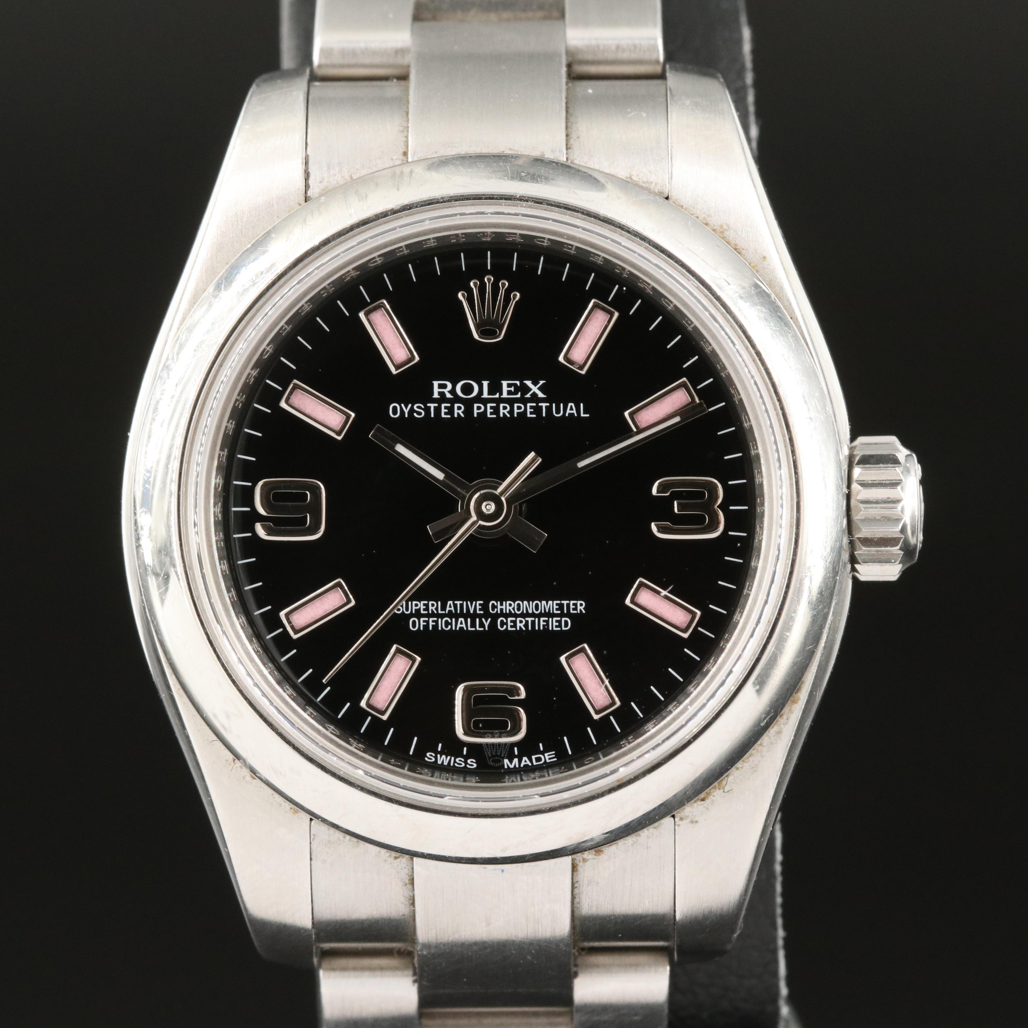 Rolex Oyster Perpetual Black Arabic Pink Markers Watch