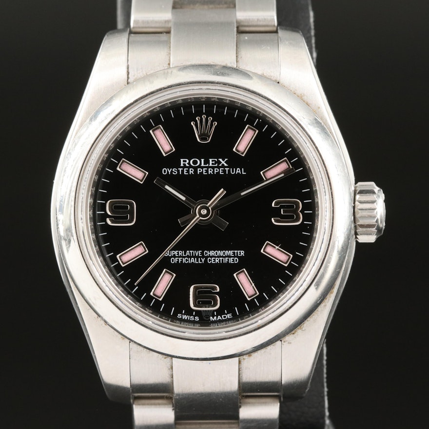 Rolex Oyster Perpetual Black Arabic Pink Markers Wristwatch