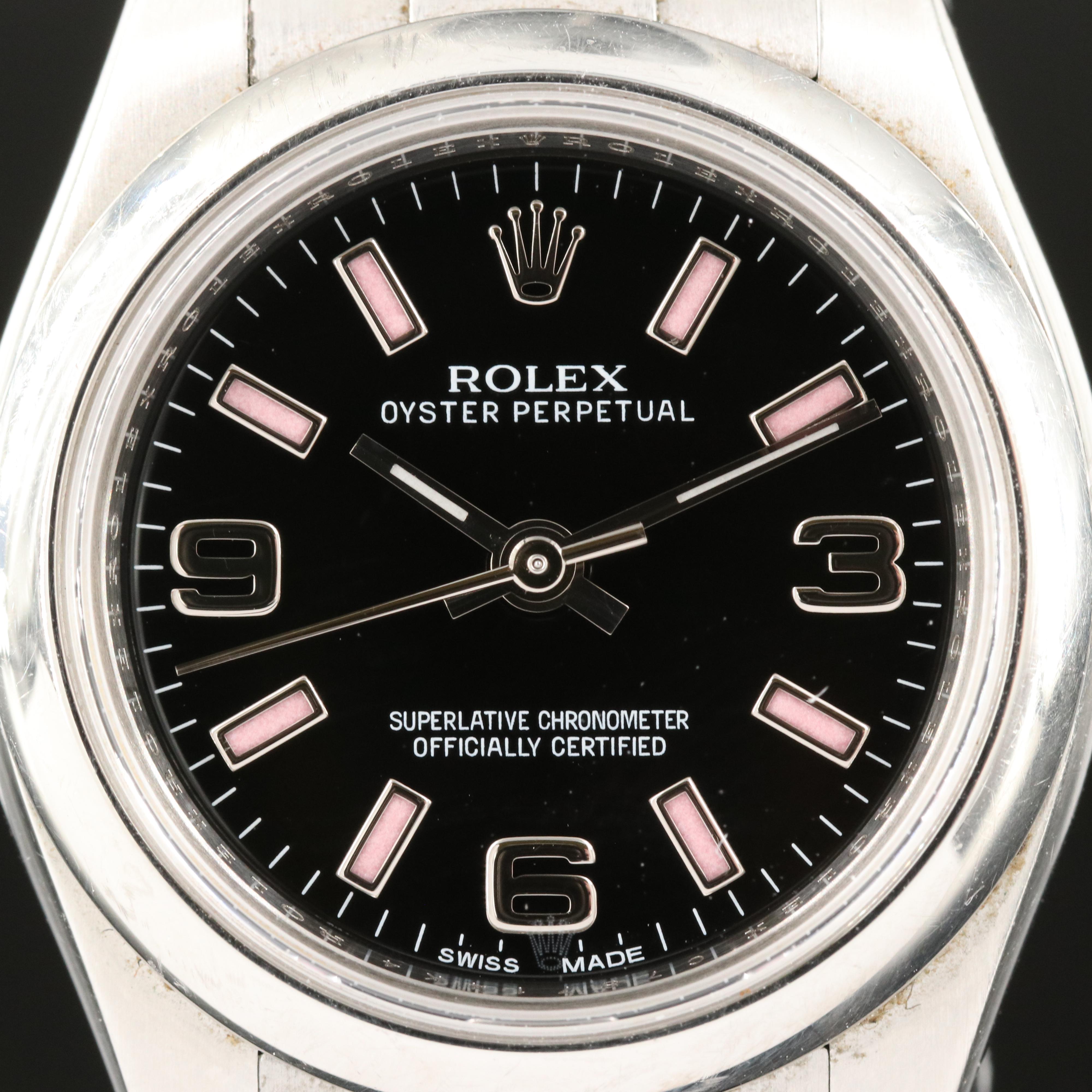 Rolex Oyster Perpetual Black Arabic Pink Markers Watch