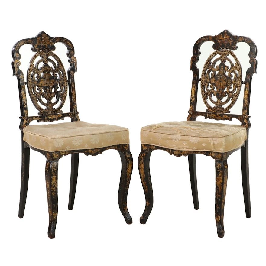 Pair of Louis XV Style Ebonized, Parcel-Gilt, and Chinoiserie Side Chairs