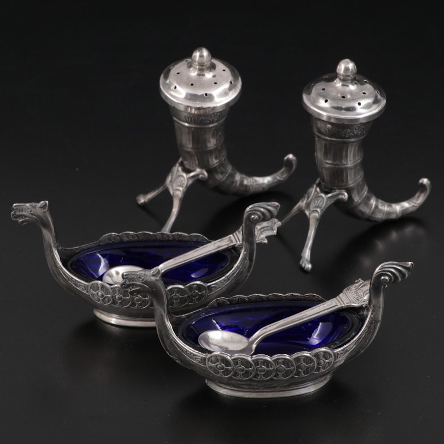 Swedish Sterling Silver and Cobalt Glass Salt Cellars with Other Silver Shakers