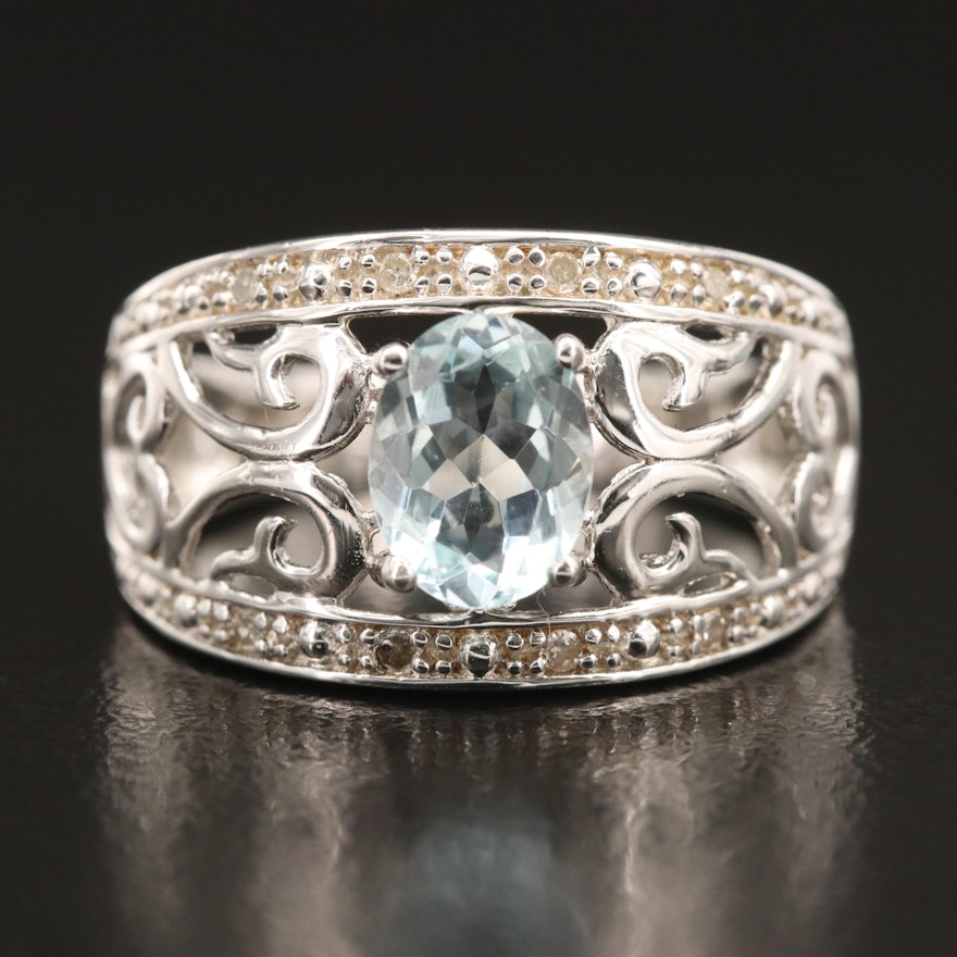 Sterling Aquamarine and Diamond Scrollwork Ring