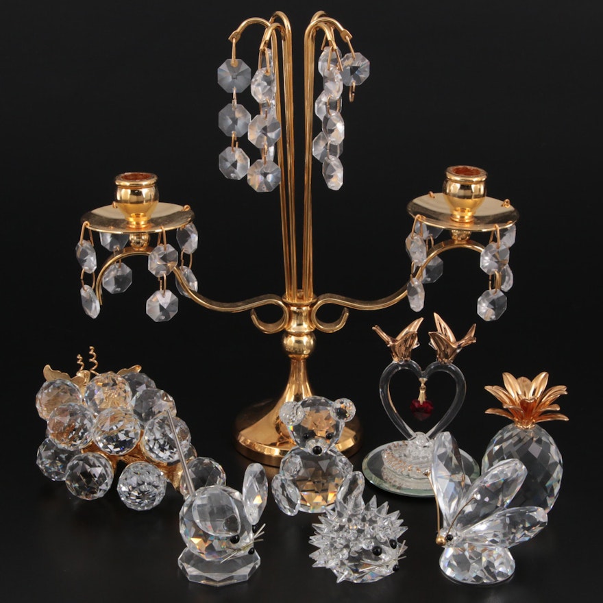 Swarovski Crystal Animal and Other Figurines with Two Light Candelabra