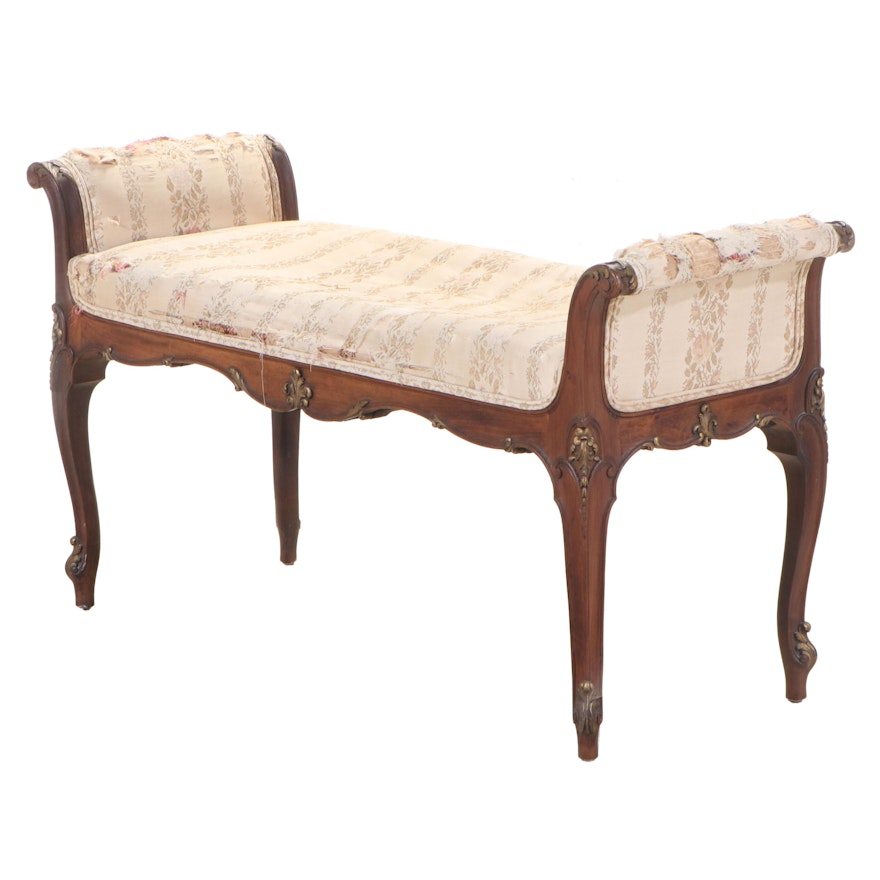 French Louis XV Style Carved and Parcel-Gilt Mahogany Bench, Mid-20th Century