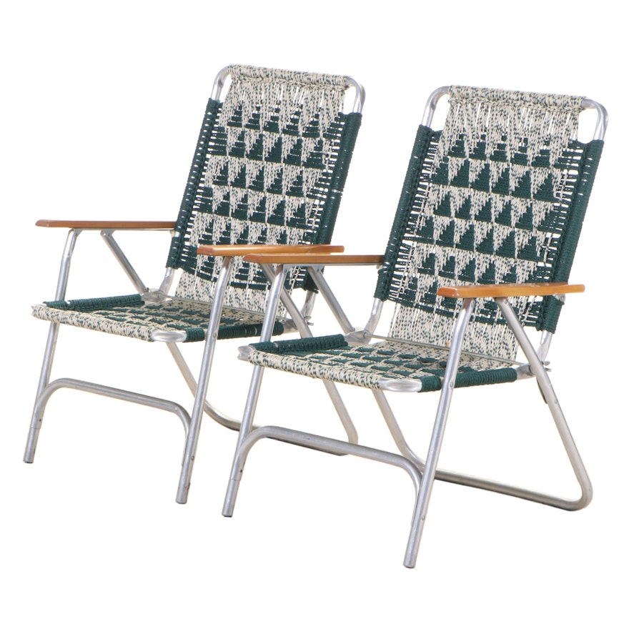Pair of Tubular Aluminum, Beech, and Woven Cord Folding Lawn Chairs