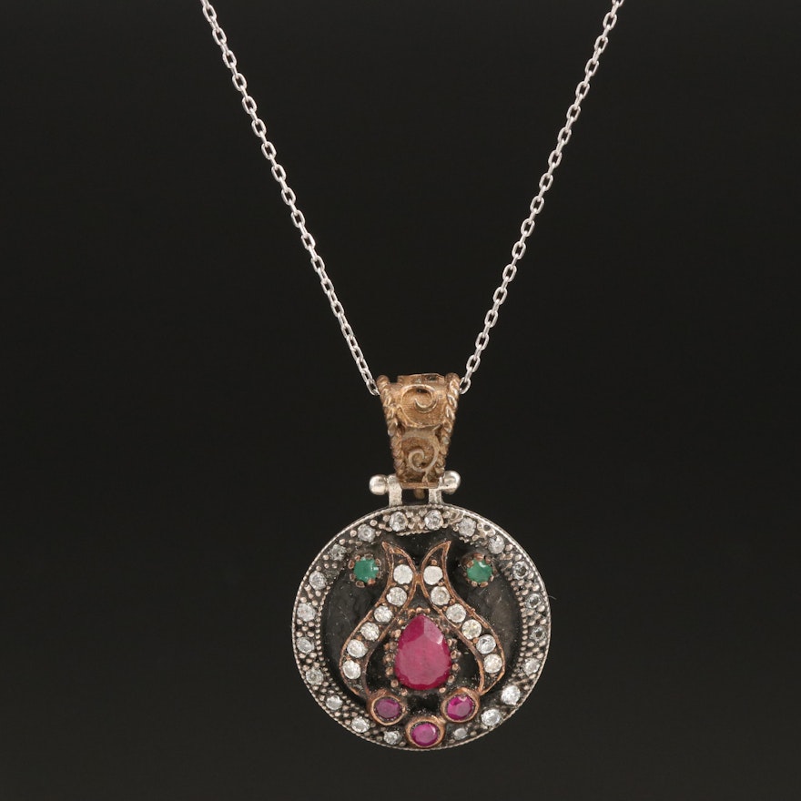 Sterling Cubic Zirconia, Ruby and Chalcedony Pendant Necklace