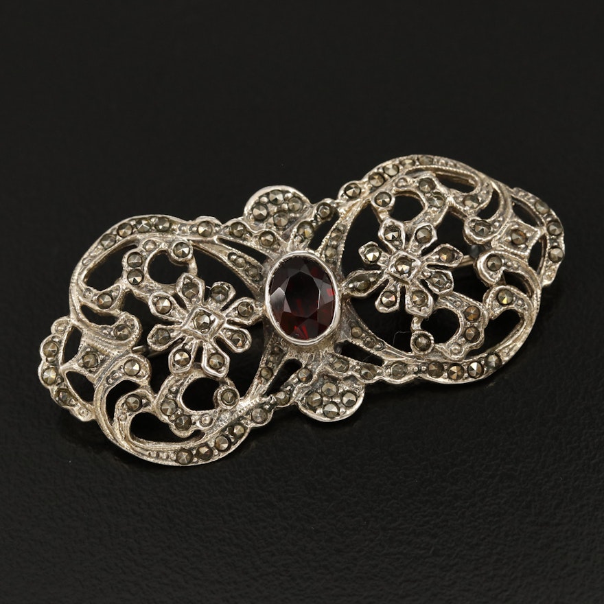 Sterling Garnet and Marcasite Renaissance Style Brooch