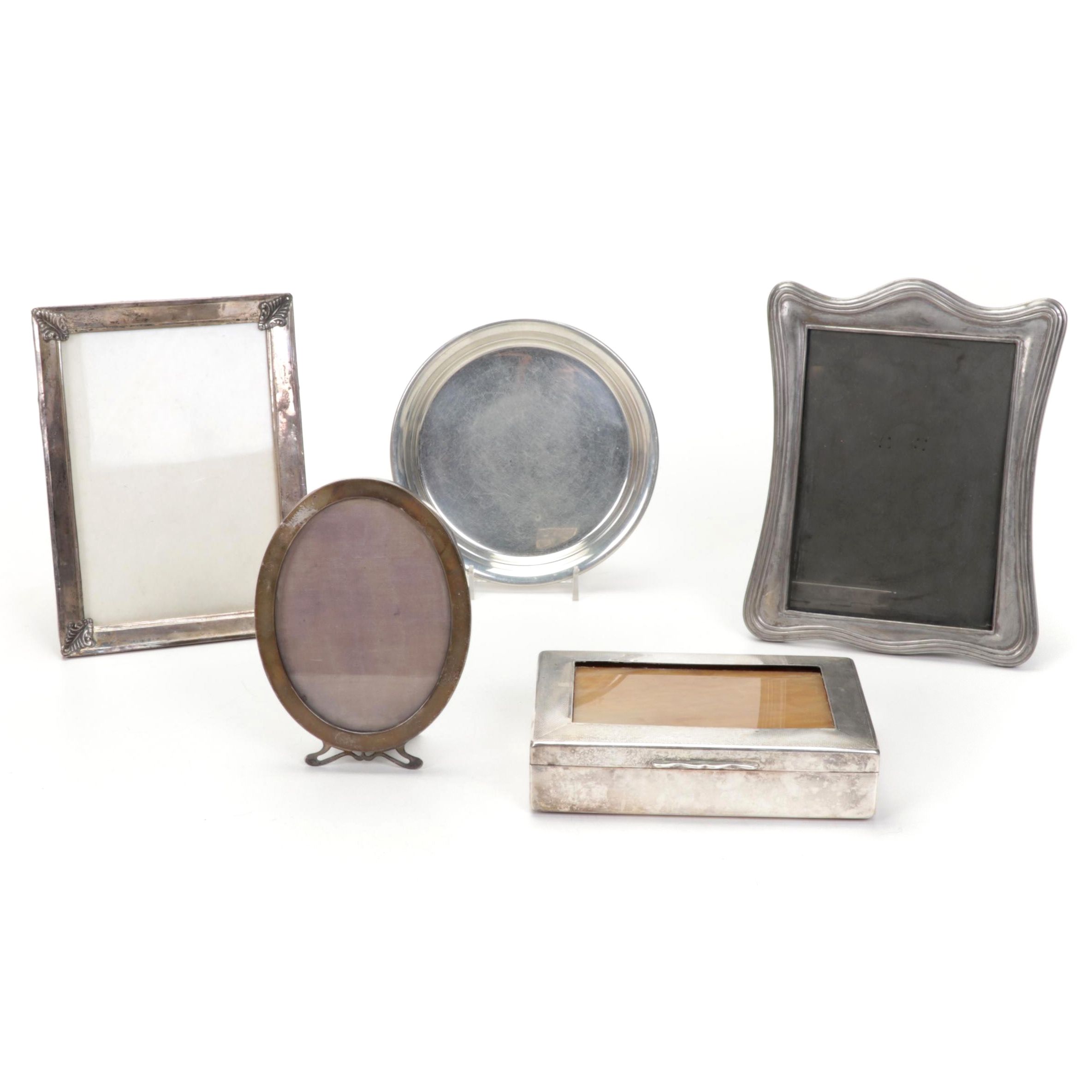 Tiffany & Co. Plate, Wyler Trinket Box, and Three Metal Picture Frames