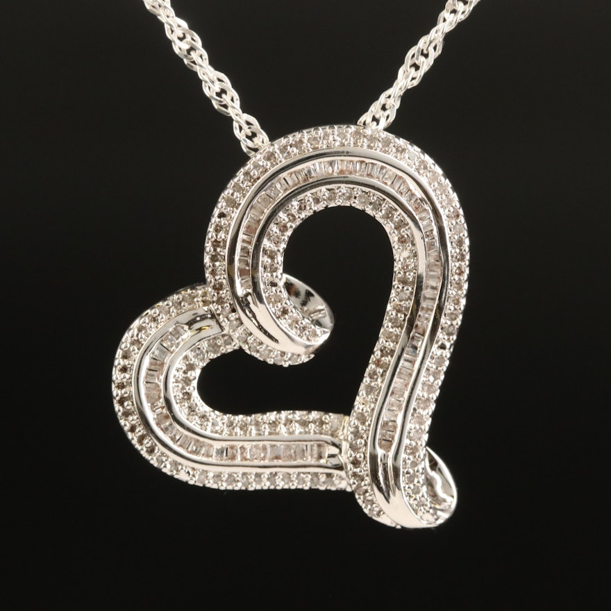 Diamond Heart Pendant on Sterling Singapore Chain Necklace