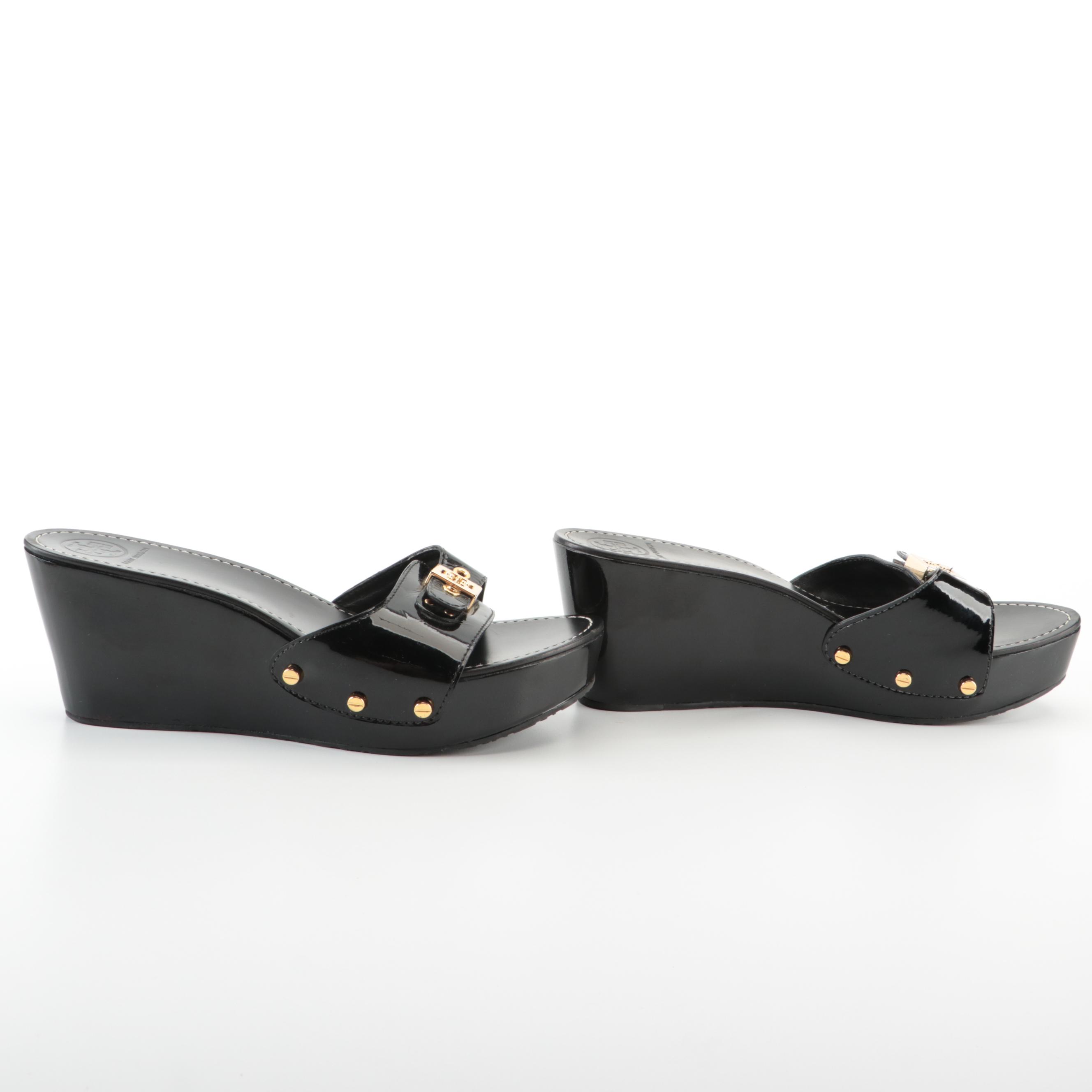 Tory Burch Dr. Scholl's Style Wedge Slides in Black Patent Leather
