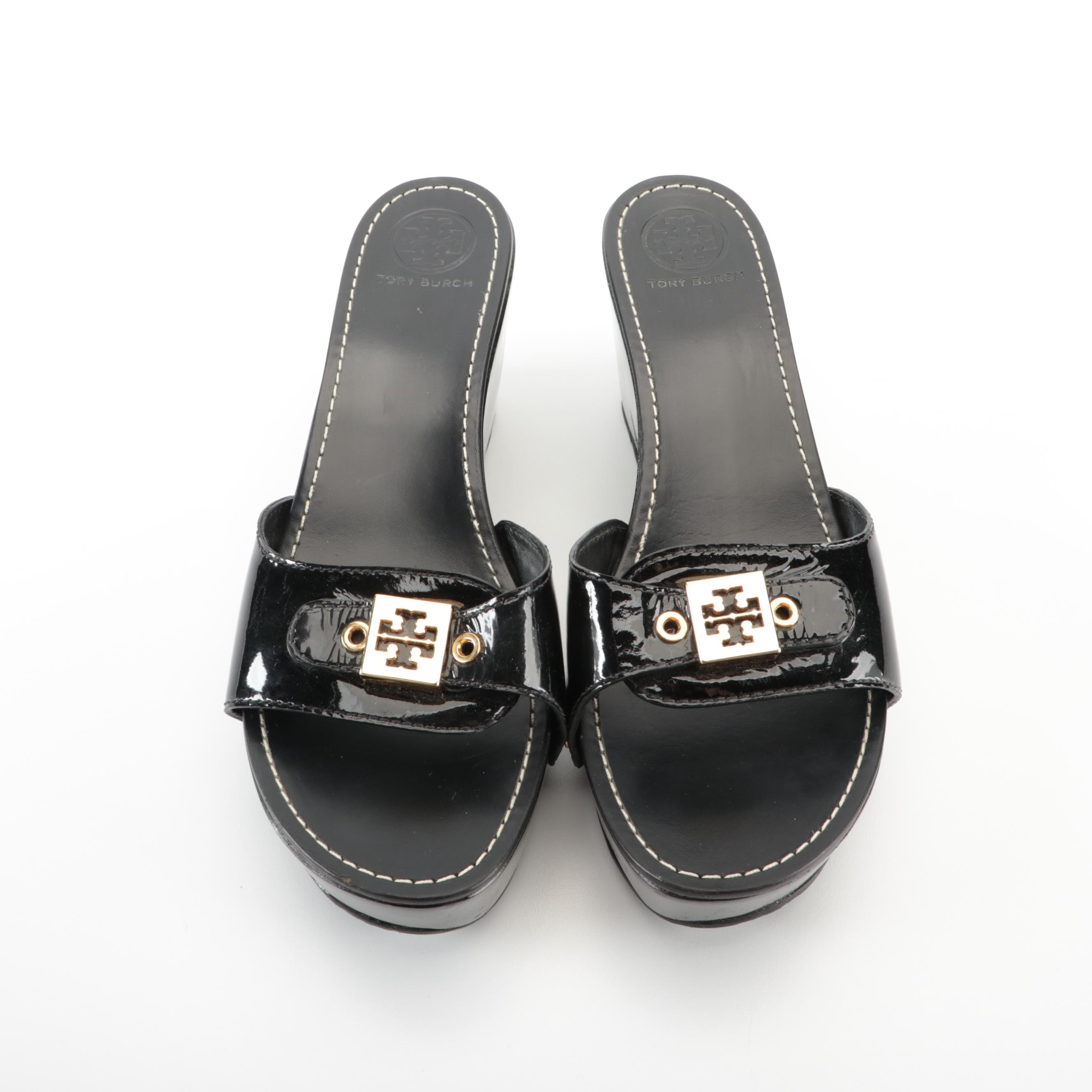 Tory Burch Dr. Scholl's Style Wedge Slides in Black Patent Leather