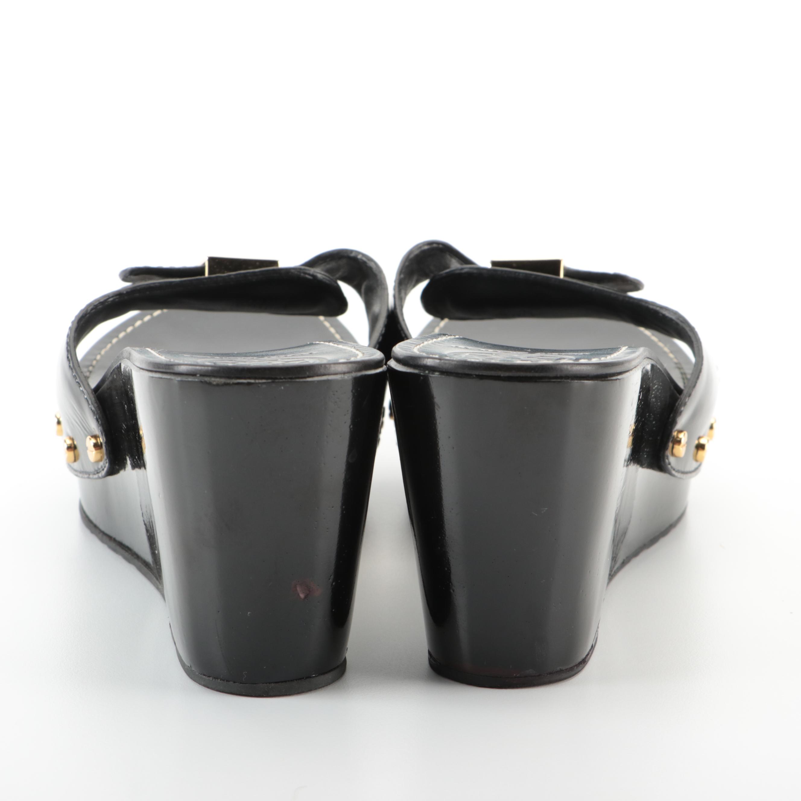 Tory Burch Dr. Scholl's Style Wedge Slides in Black Patent Leather