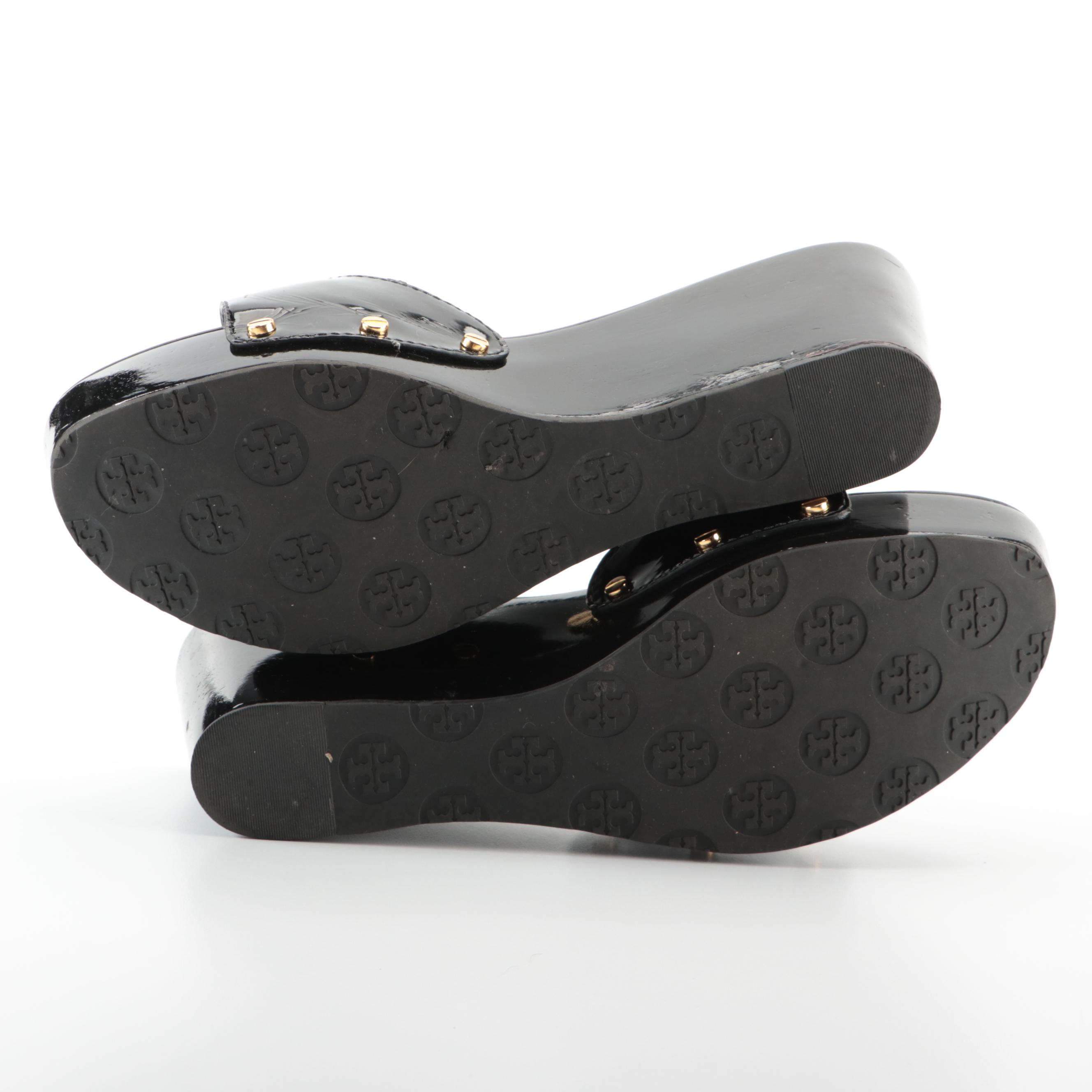 Tory Burch Dr. Scholl's Style Wedge Slides in Black Patent Leather