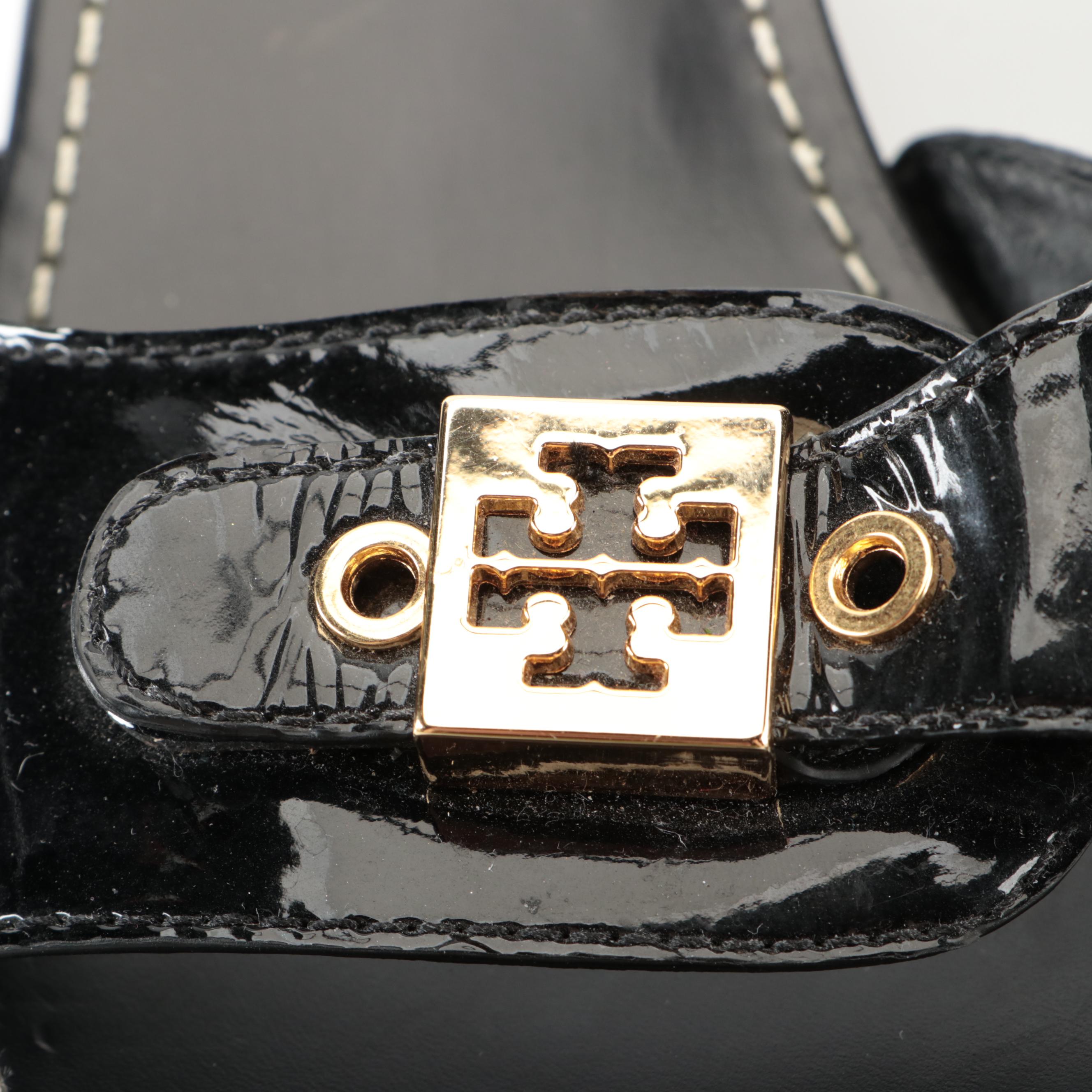 Tory Burch Dr. Scholl's Style Wedge Slides in Black Patent Leather