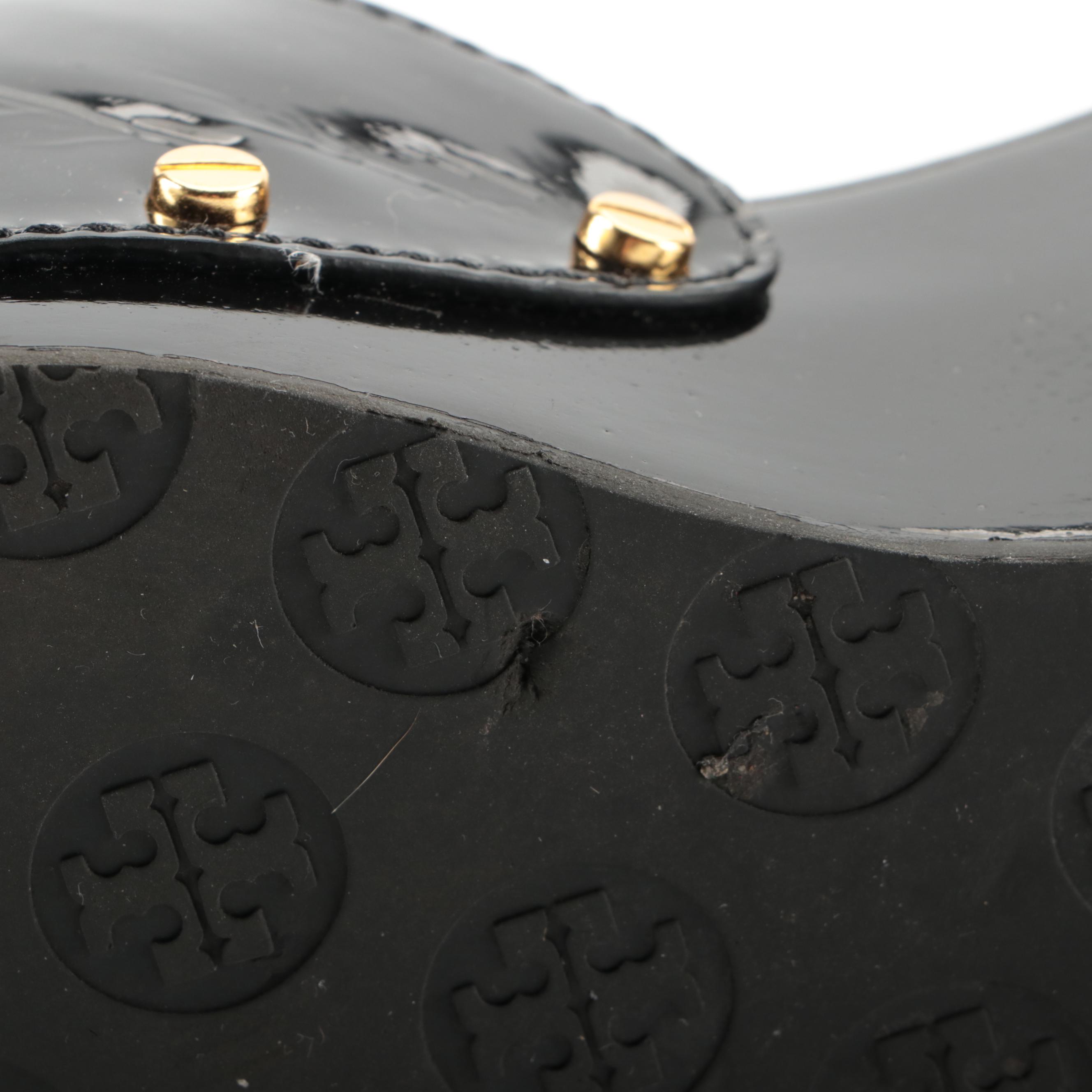 Tory Burch Dr. Scholl's Style Wedge Slides in Black Patent Leather