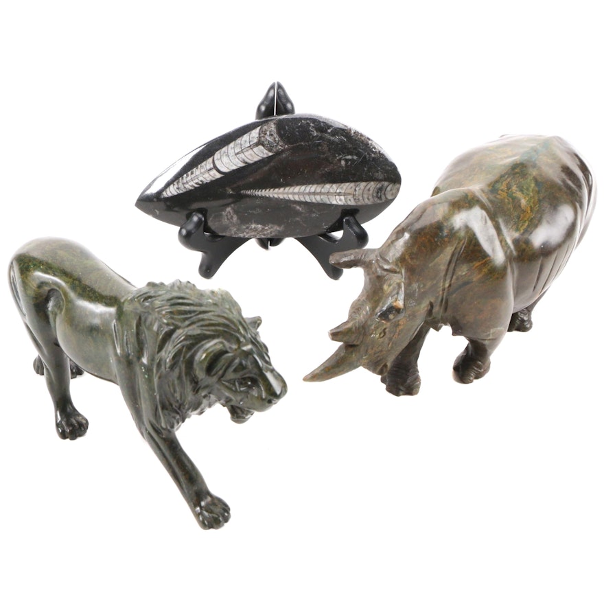Hand-Carved Verdite White Rhinoceros and Lion Figurines with Polished Orthoceras