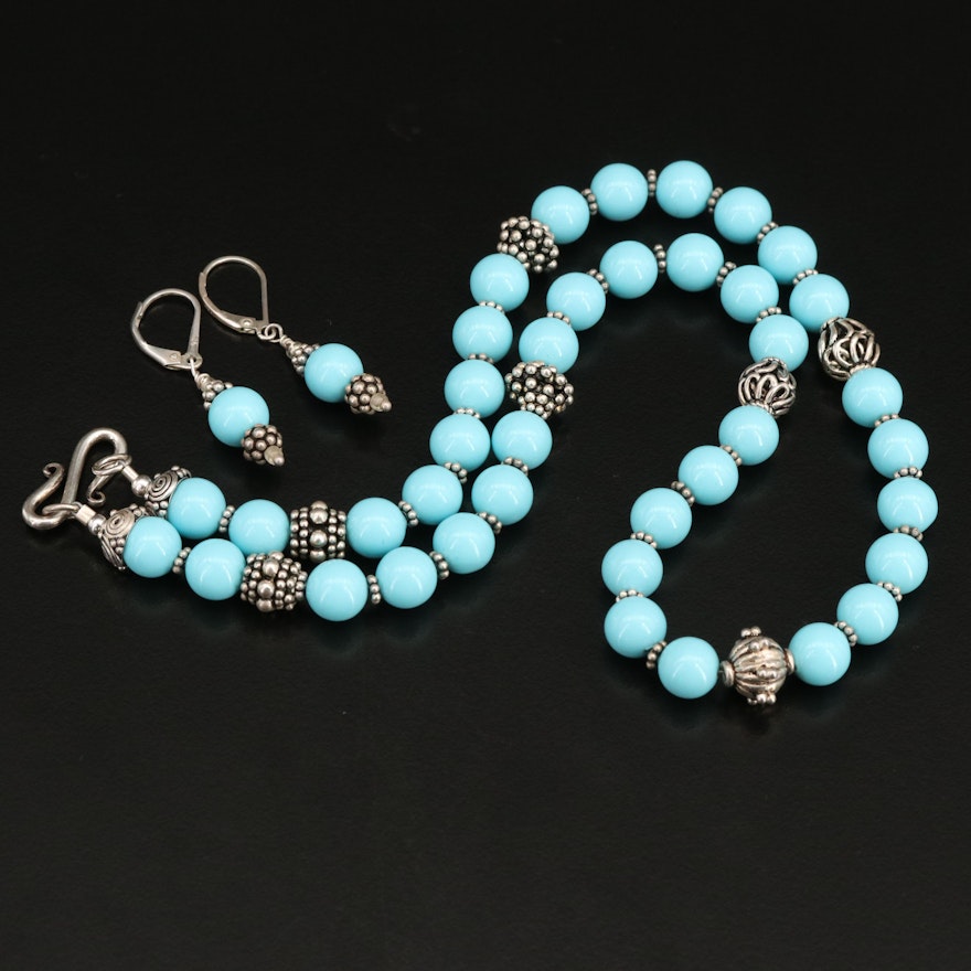 Sterling Imitation Turquoise Necklace and Earrings Set