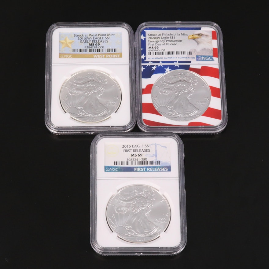 Three NGC Graded Silver Eagles