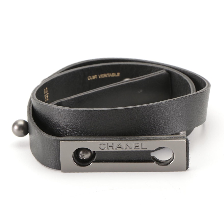 Chanel Thin Plaque Buckle Belt in Black Leather with Box