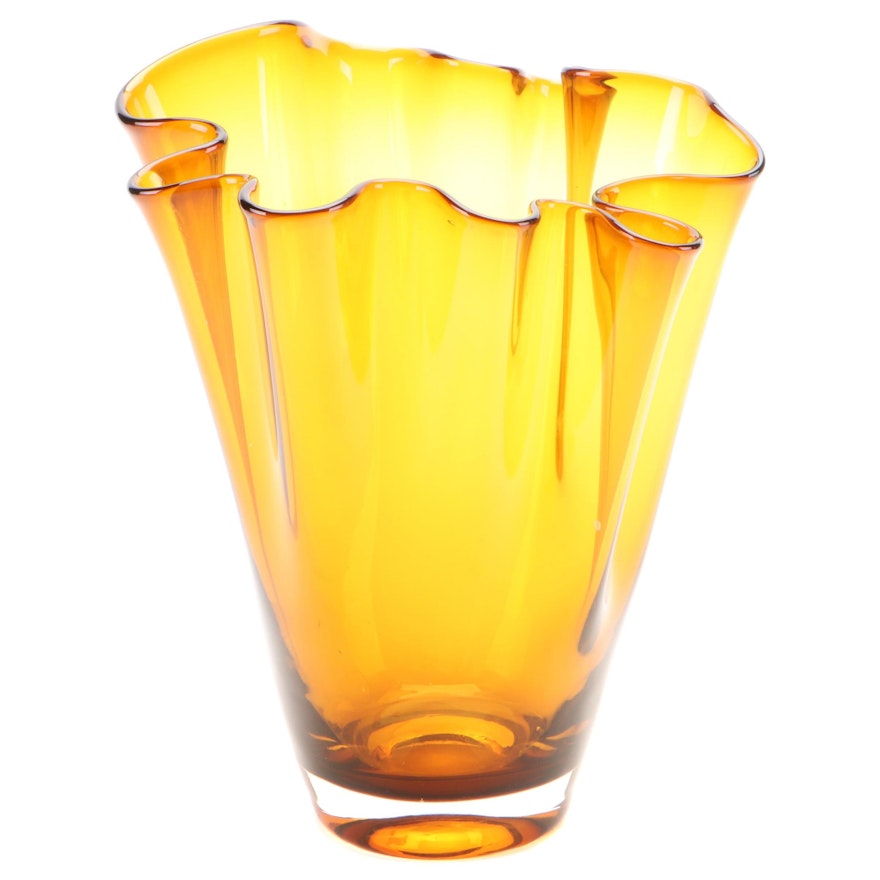 Blown and Fluted Amber Art Glass Vase