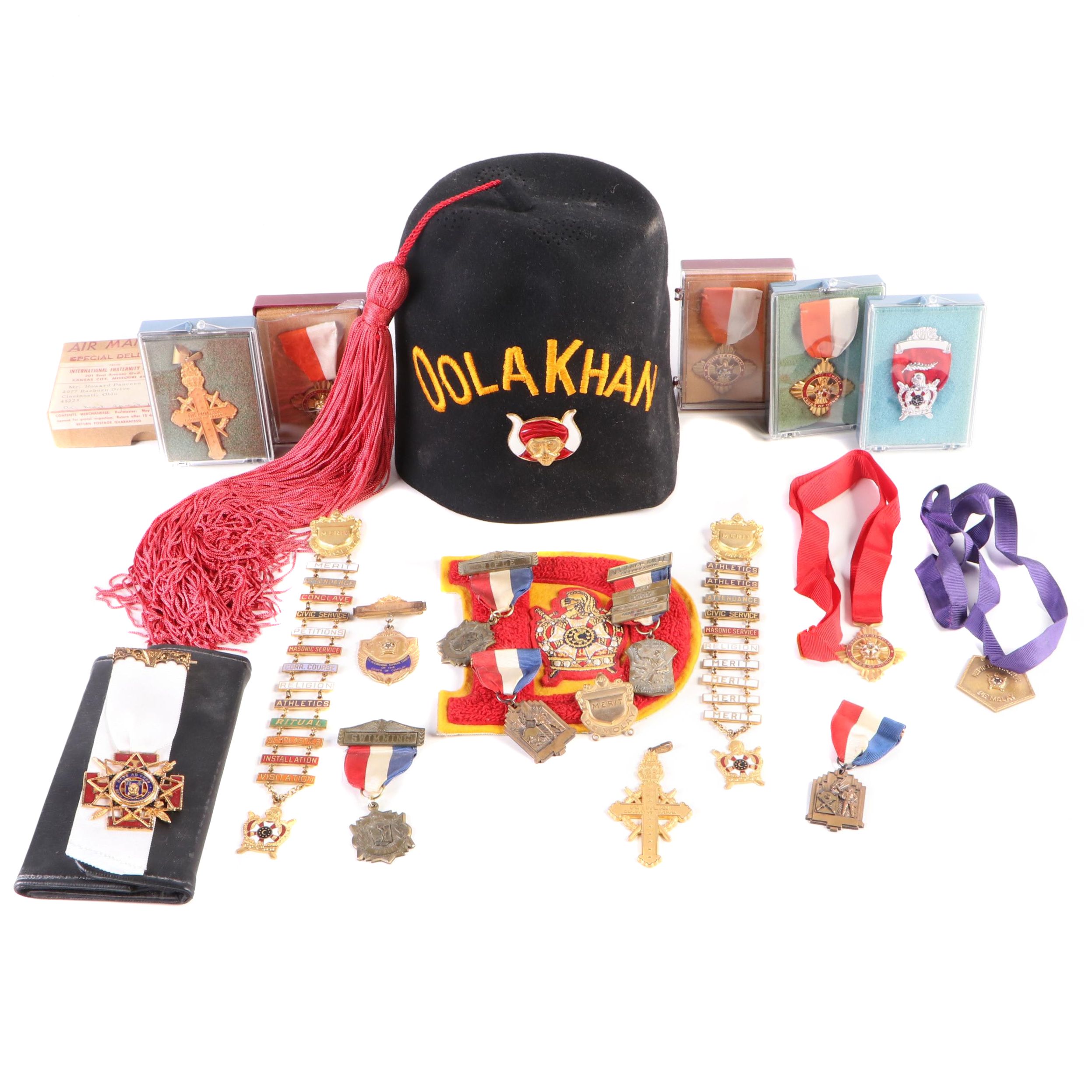 Masonic "Oola Khan" Fez and Order of DeMolay Medals, Mid 20th Century