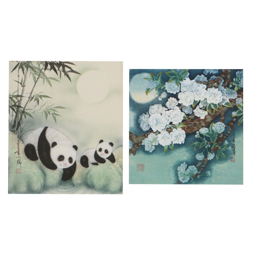 Chinese Embellished Halftone and Watercolor Painting of Flowers and Pandas