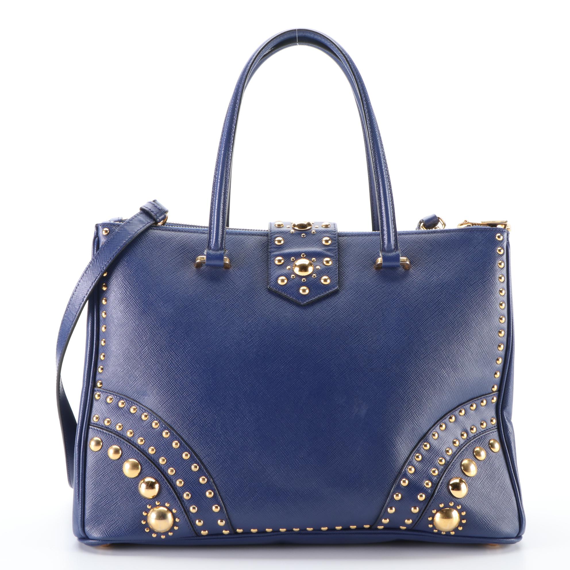 Prada Turn-Lock Double Zip Medium Tote Bag in Studded Blue Saffiano Leather
