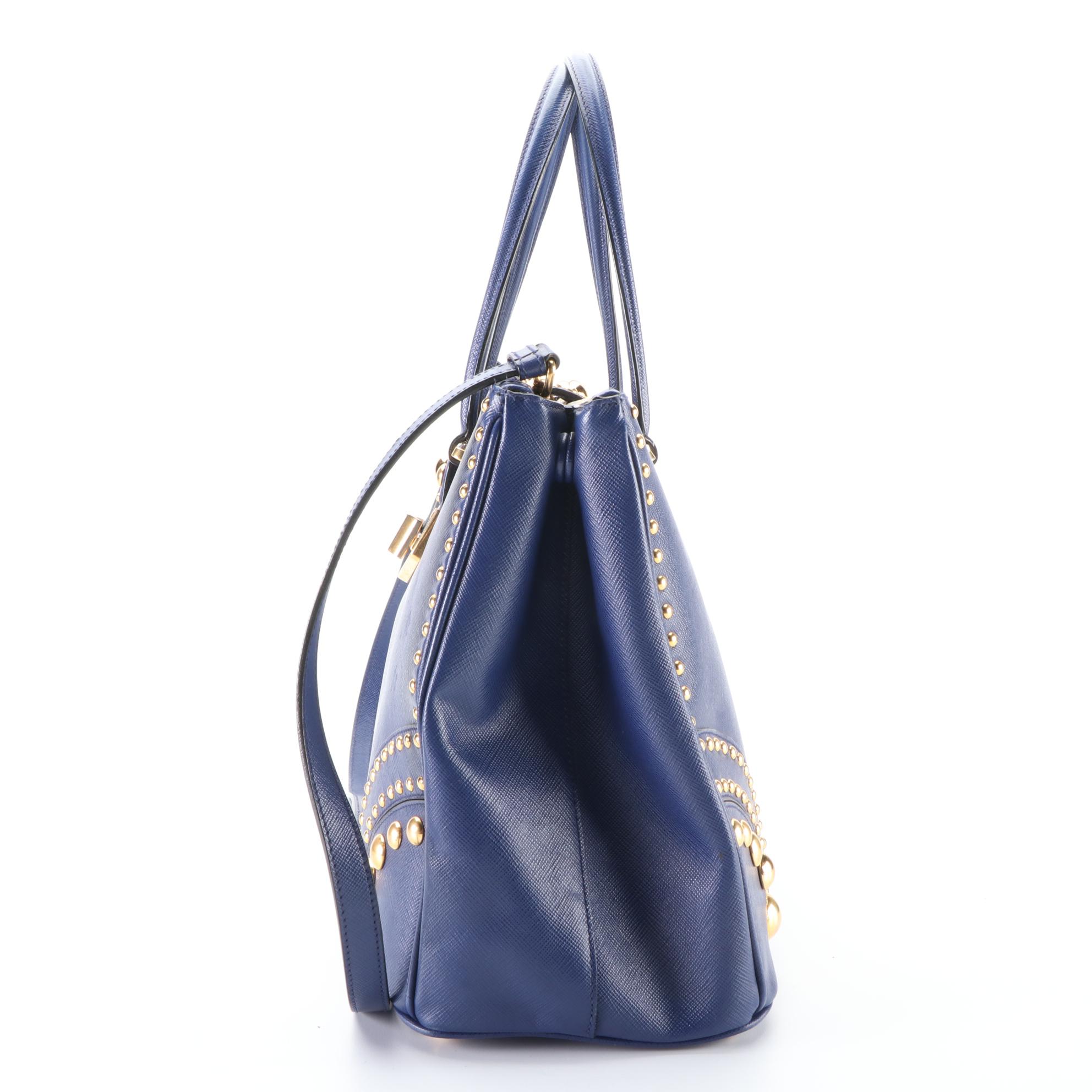 Prada Turn-Lock Double Zip Medium Tote Bag in Studded Blue Saffiano Leather