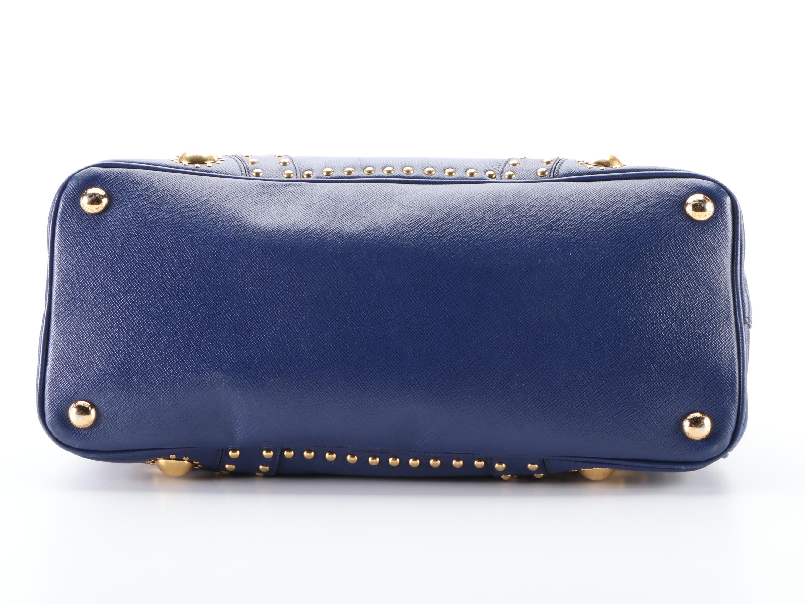 Prada Turn-Lock Double Zip Medium Tote Bag in Studded Blue Saffiano Leather