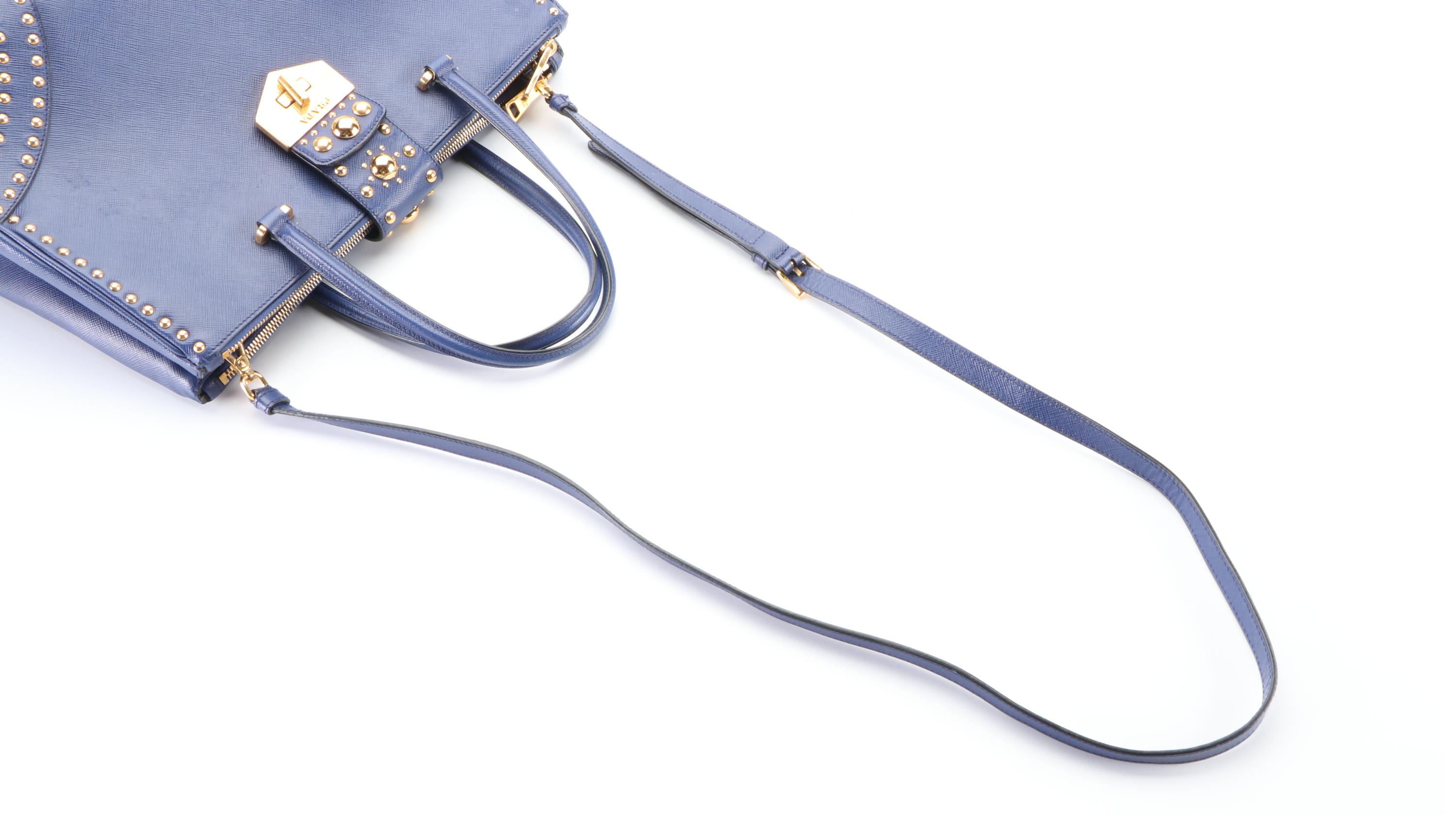 Prada Turn-Lock Double Zip Medium Tote Bag in Studded Blue Saffiano Leather