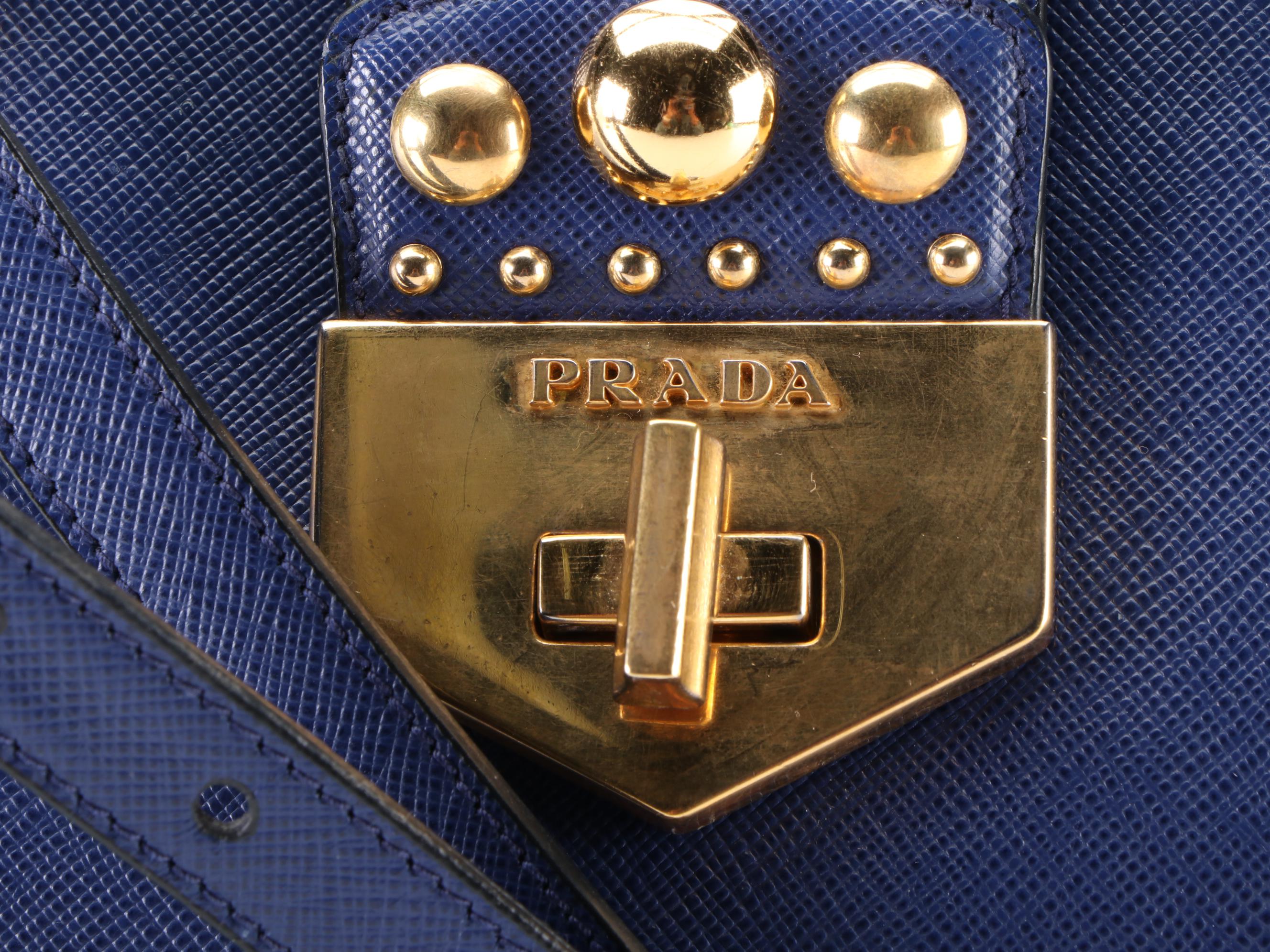 Prada Turn-Lock Double Zip Medium Tote Bag in Studded Blue Saffiano Leather