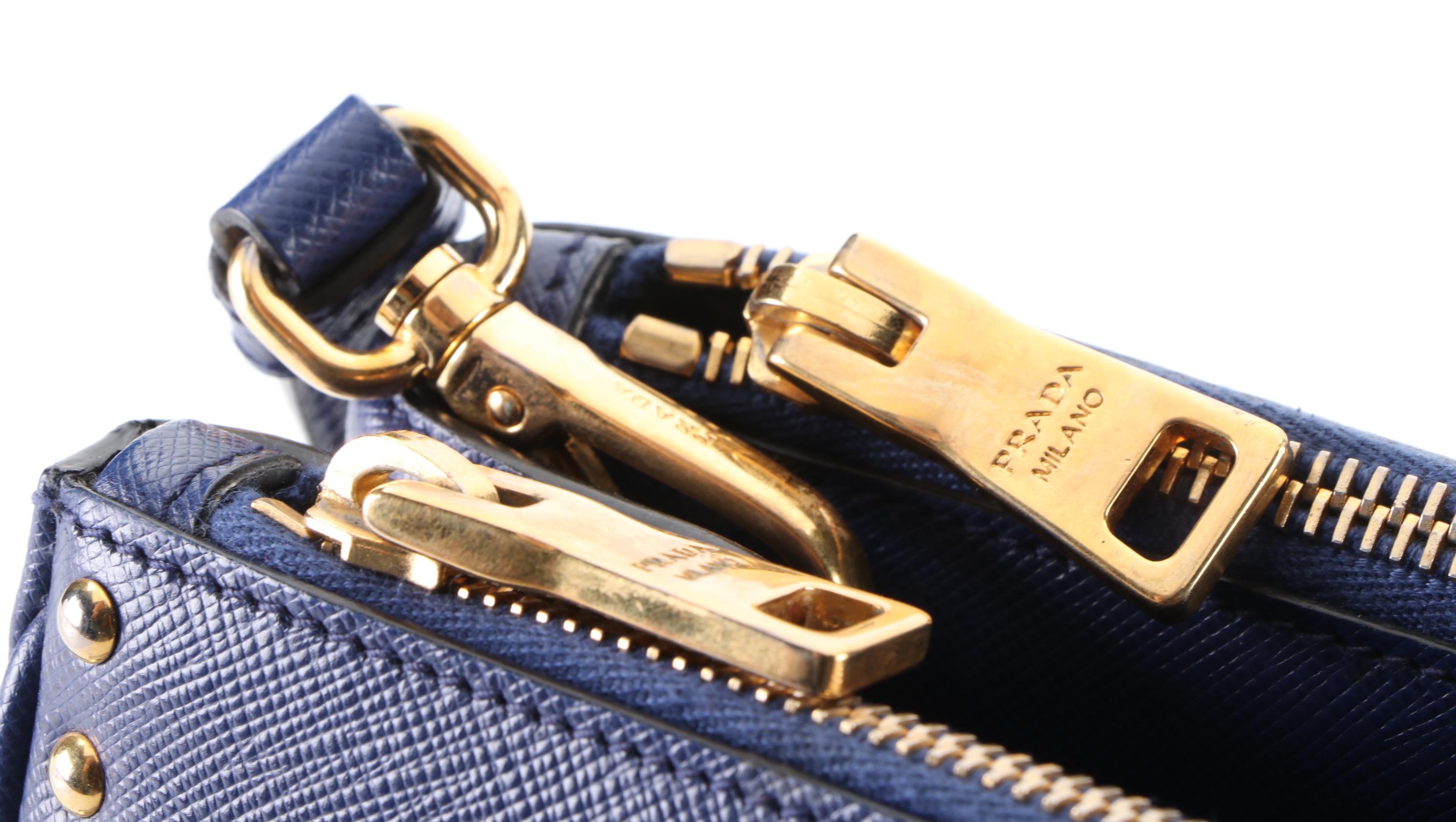 Prada Turn-Lock Double Zip Medium Tote Bag in Studded Blue Saffiano Leather