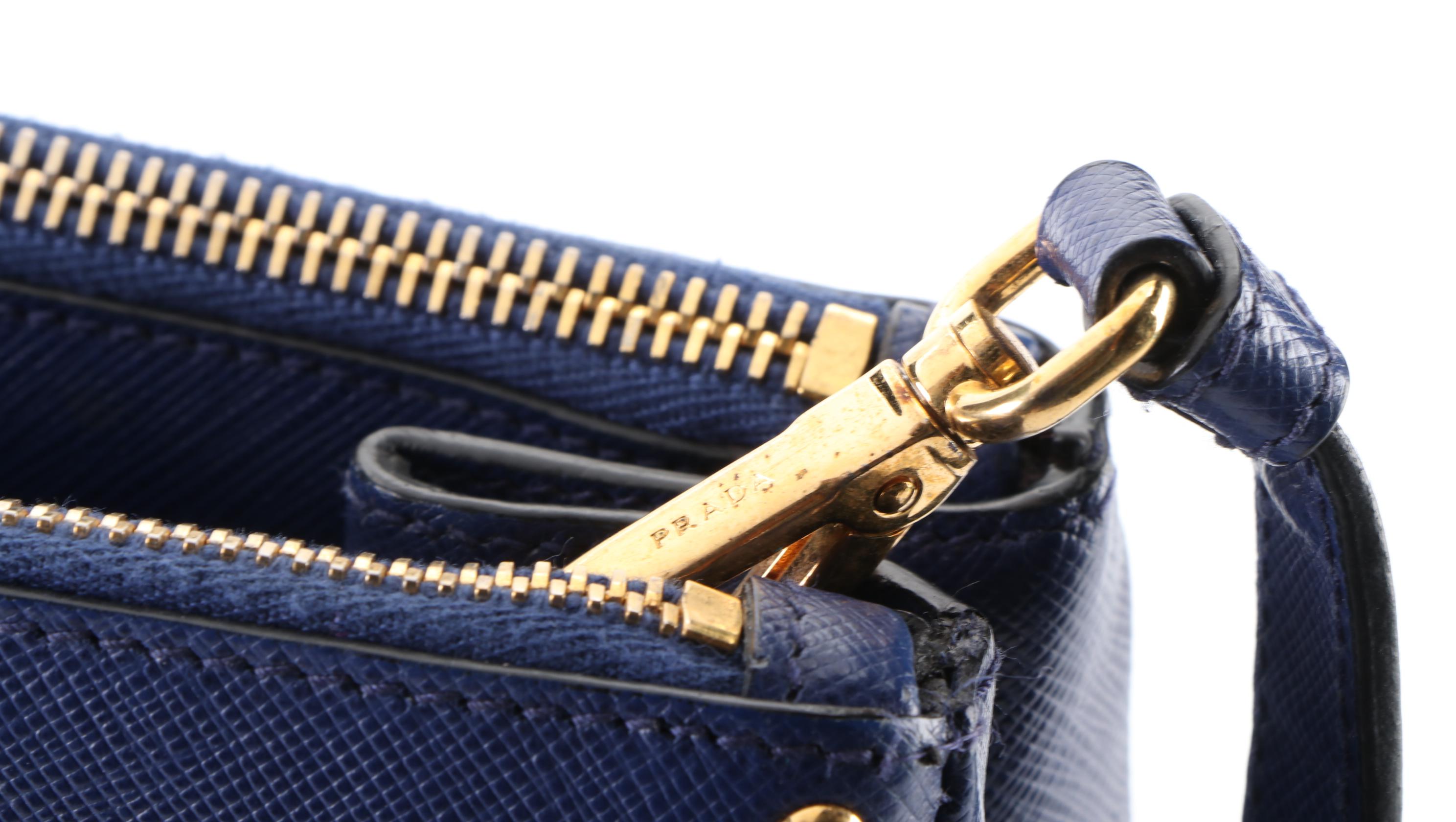 Prada Turn-Lock Double Zip Medium Tote Bag in Studded Blue Saffiano Leather