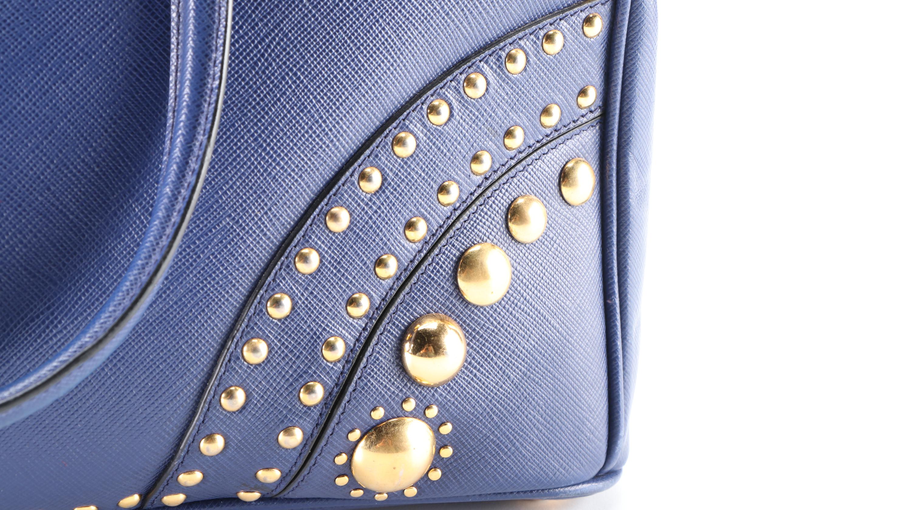 Prada Turn-Lock Double Zip Medium Tote Bag in Studded Blue Saffiano Leather
